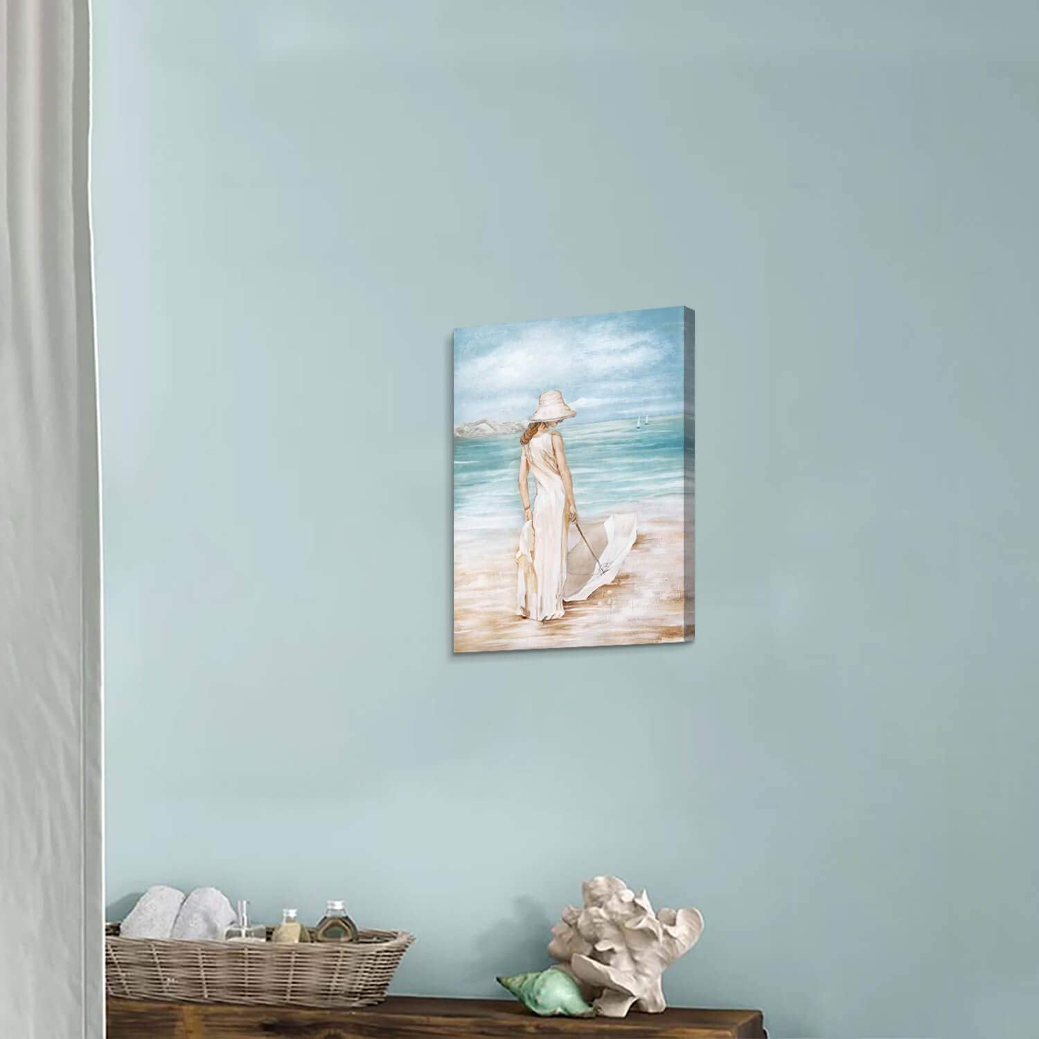 Abstract Beach Artwork Ocean Picture: Modern Women & Umbrella Sea Print Coastal Wall Art On Canvas For Bedroom (16    X 12    X1