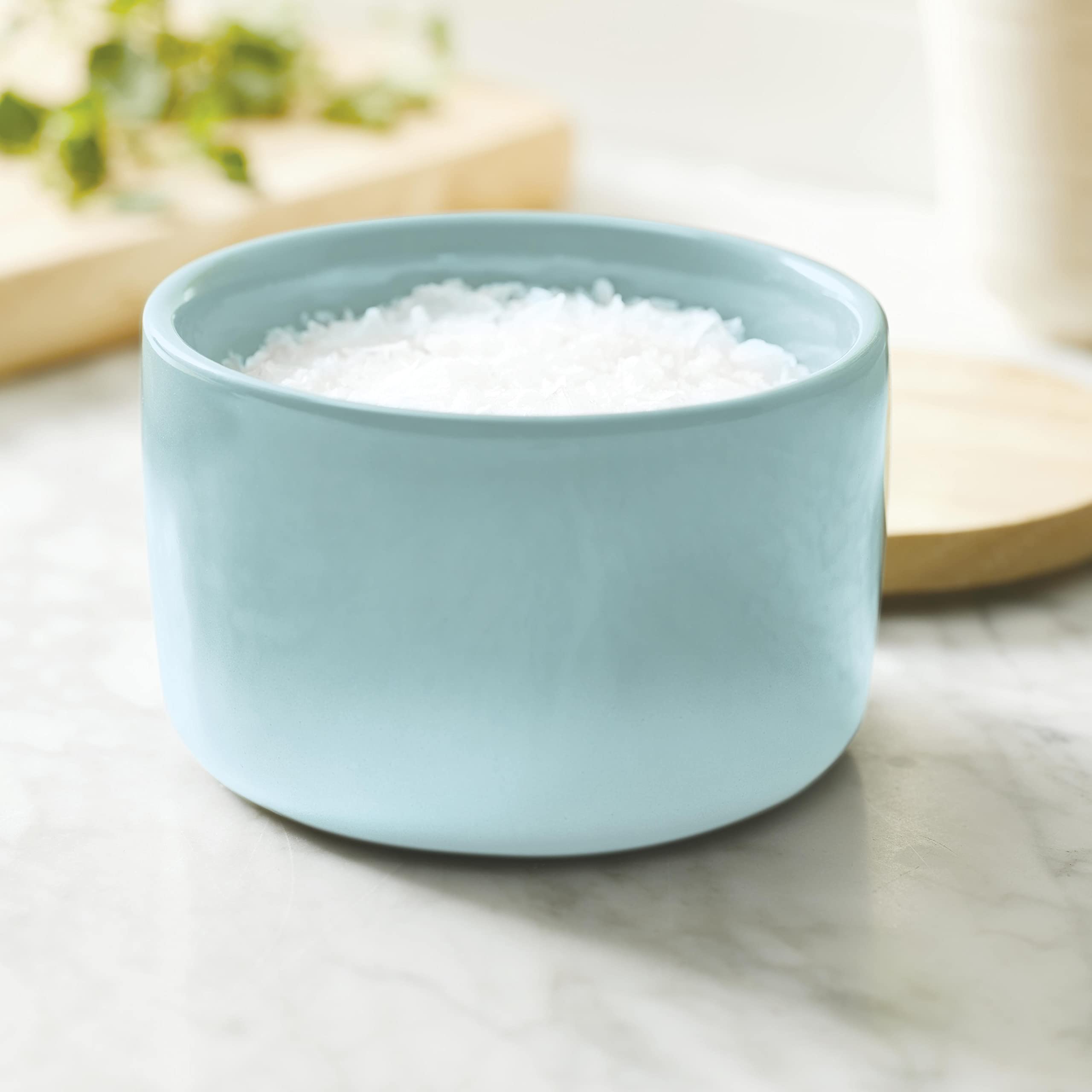 Rachael Ray Solid Glaze Ceramics Salt And Spice Box With Wood Lid For Seasoning, Cooking, Serving, 9 Ounce, Light Blue Ombre