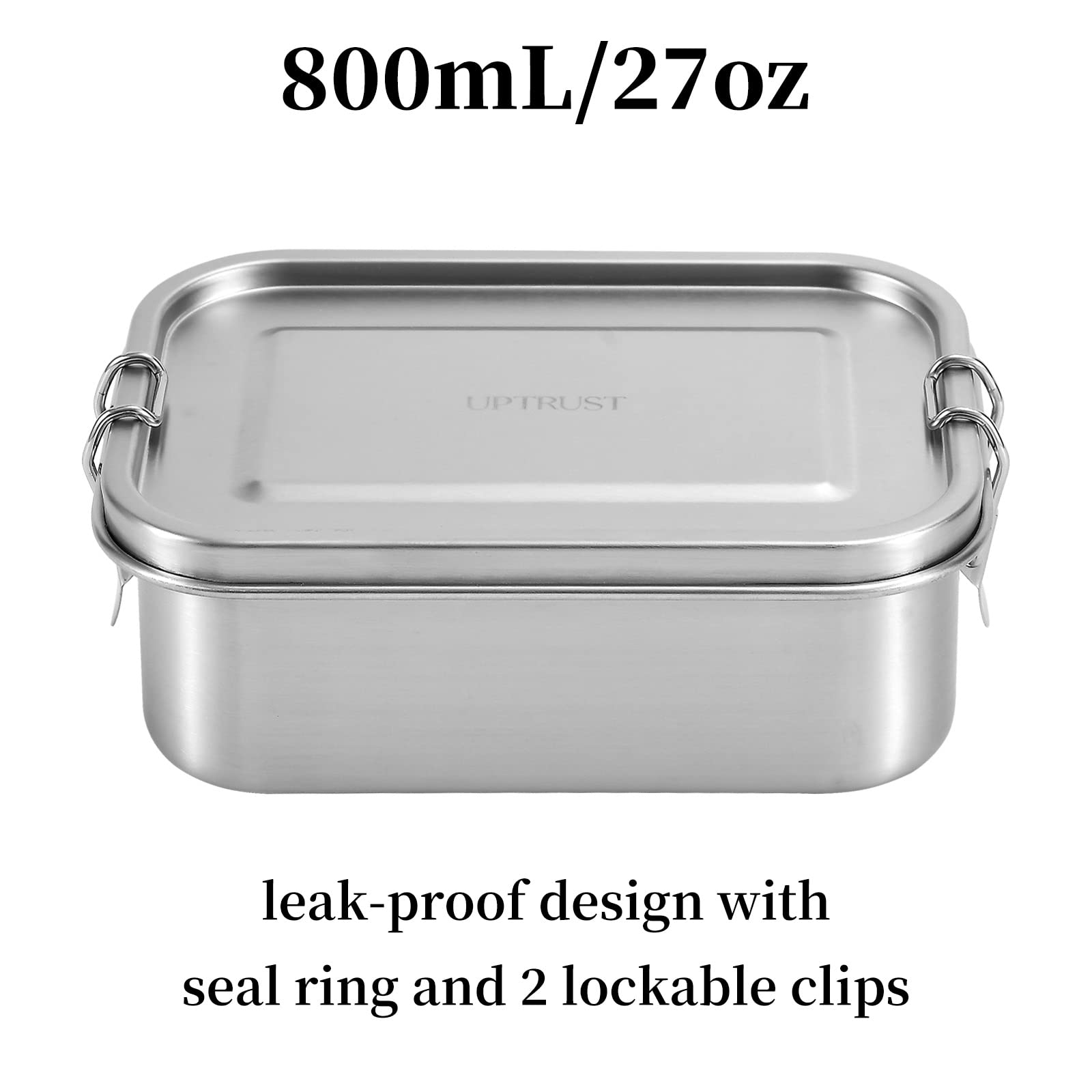 Uptrust Stainless Steel Lunch Food Container, 800Ml/27Oz, Bento Boxes Metal Lunch Box - Lockable Clips To Leak Proof- Adjustable