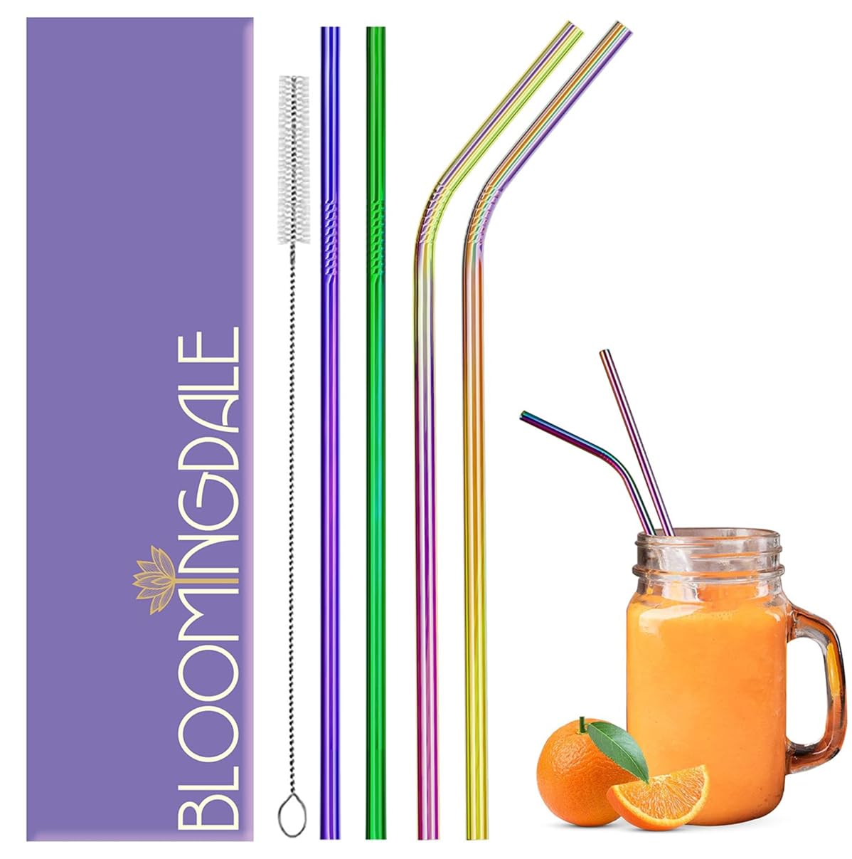 Bloomingdale Stainless Steel Straw Set Reusable Metal Straws With Cleaning Brush Long & Bent Drinking Straw For Bottle, Tumbler,