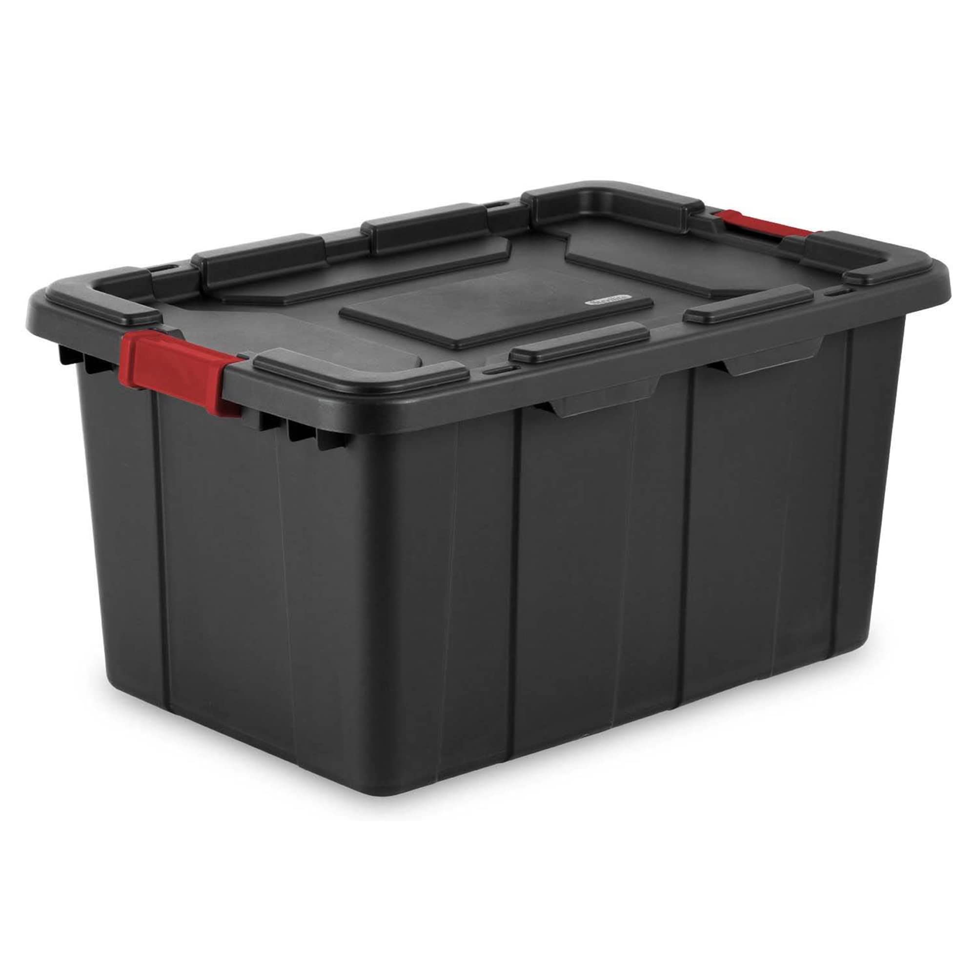 Sterilite 27 Gal Industrial Tote, Stackable Storage Bin With Latching Lid, Plastic Container With Heavy Duty Latches, Black Base
