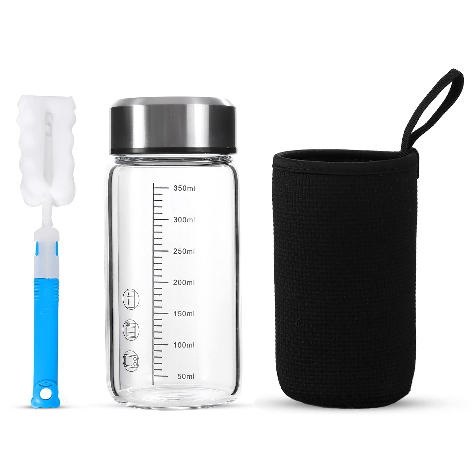 Tongrang-Life 12Oz Glass Water Bottle,Glass Shaker Bottle,0.15In/3.8Mm Thick Glass,Small Wide Mouth Glass Water Bottle With Lid,