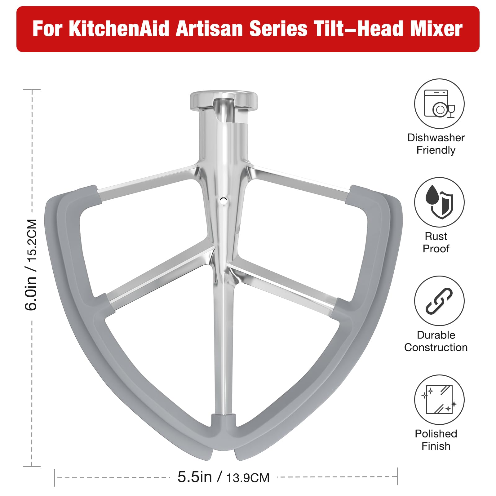 4.5-5Qt Stainless Steel Flex Edge Beater For Kitchenaid Classic & Artisan Tilt-Head Stand Mixers. Fits For K45Ss, Ksm75, Ksm90.