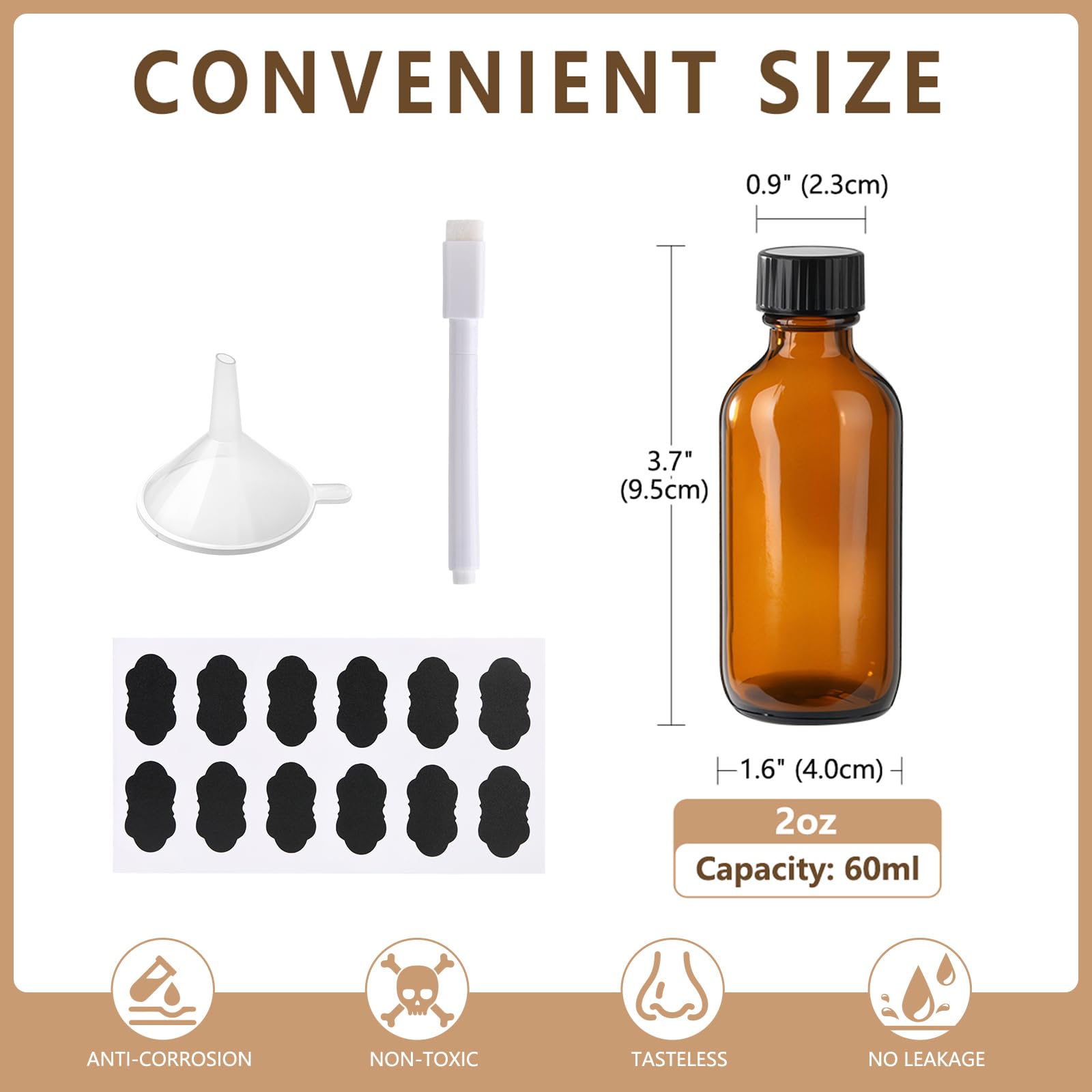 BPFY 2 oz 12 pack Amber Boston Glass Bottle With Black Poly Cap  Funnel  Chalk Labels  Pen Dispensing Bottles for Homemade Vanilla Extract  Essential Oils  Herbal Medicine  Wedding Christmas Decor