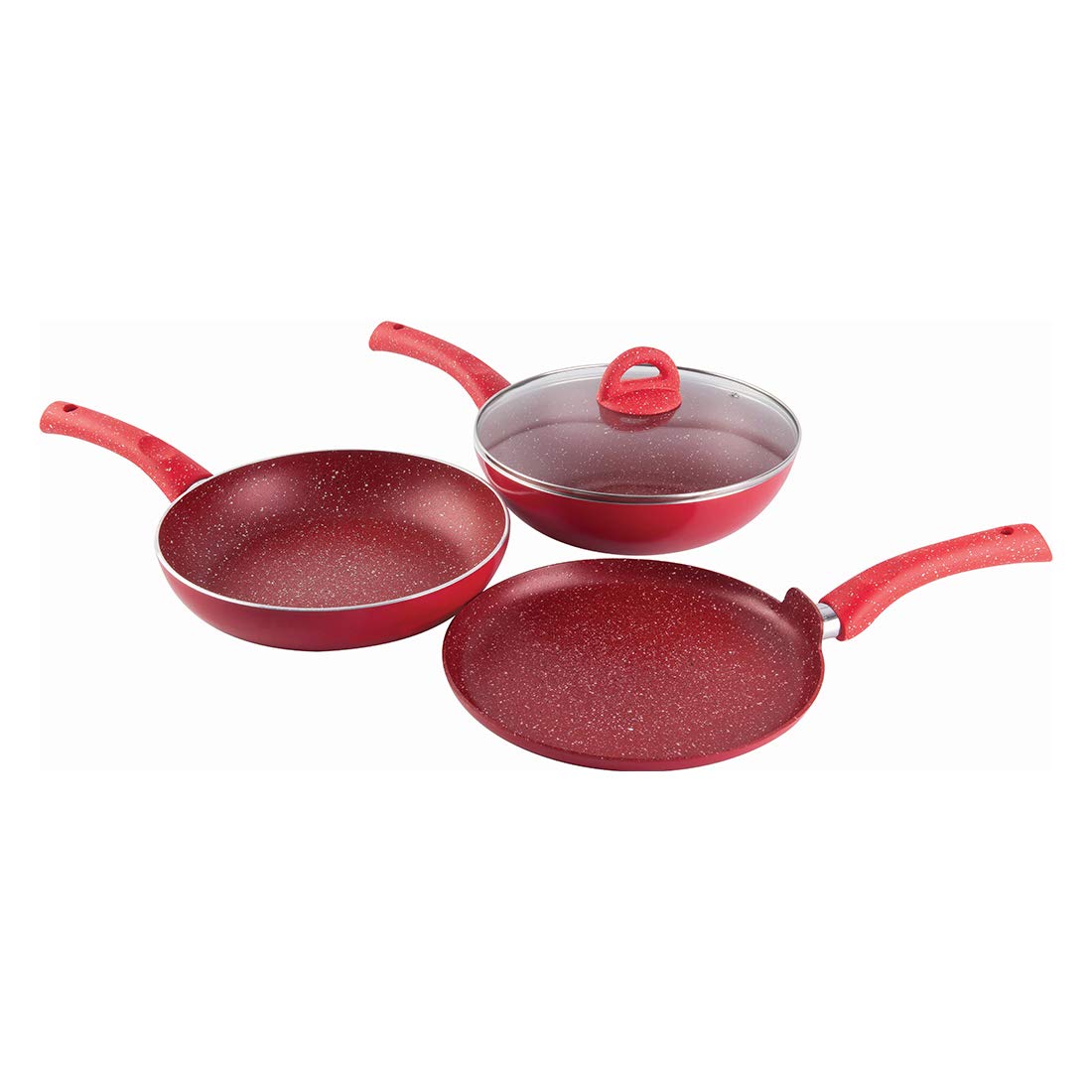 Wonderchef Granite 4 Pc Non-Stick Cookware Set For Kitchen, Fry Pan 26Cm, Wok With Lid 26Cm, Dosa Tawa 26Cm, Non-Toxic Pfoa Free