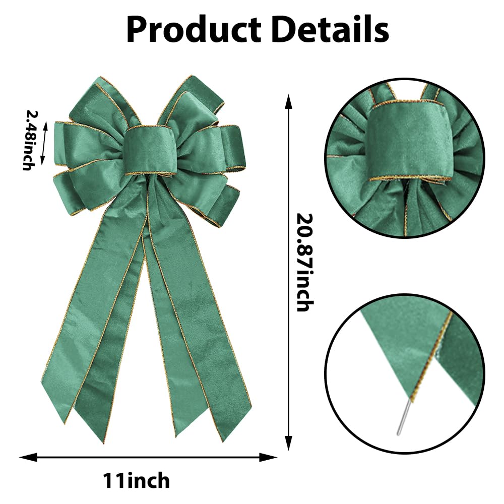 Anshome Large Christmas Bow for Wreath 20 * 11inch Vintage Green Wreath Bow Bean Paste Green Velvet Tree Topper Ornament Decorat
