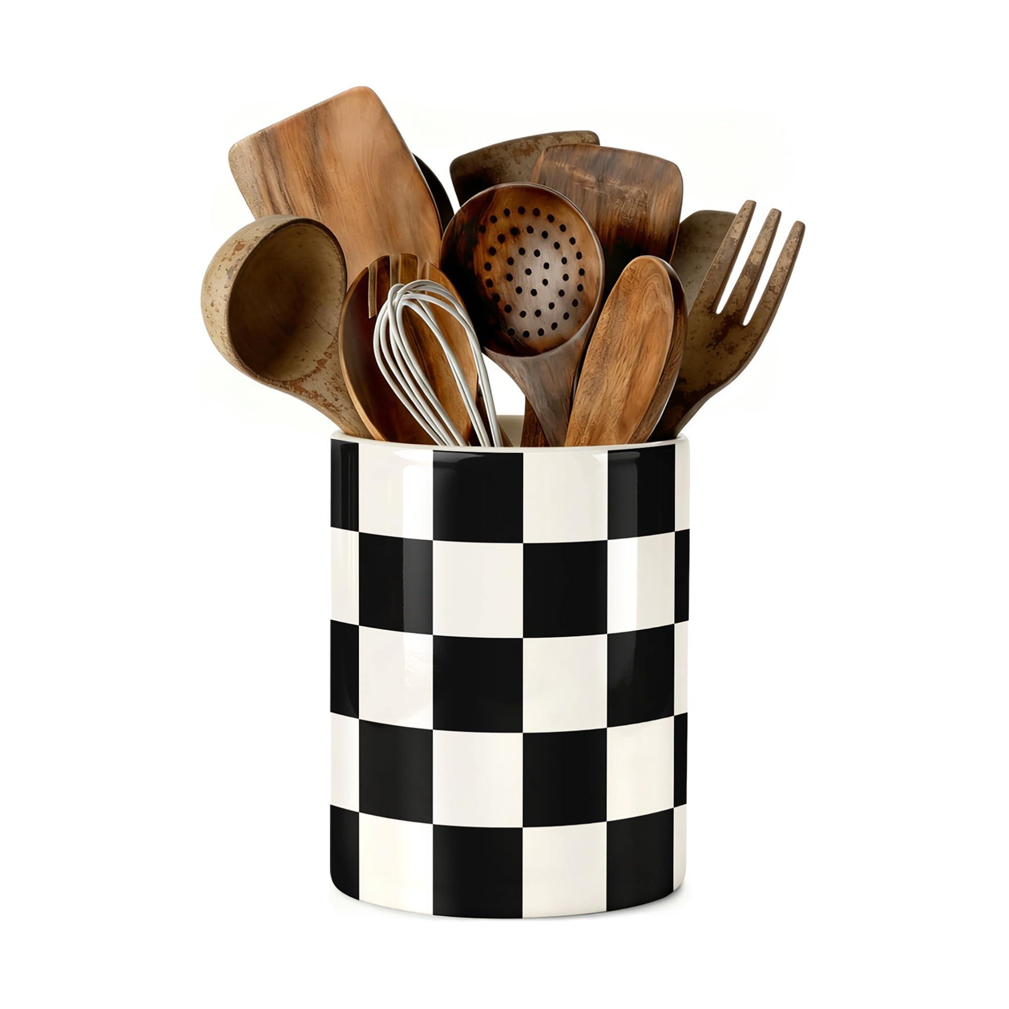 ARTDMT Kitchen Utensil Holder, Black and White Checkered Ceramic Utensil Holder , Cooking Utensil Crocks for Kitchen Countertop,
