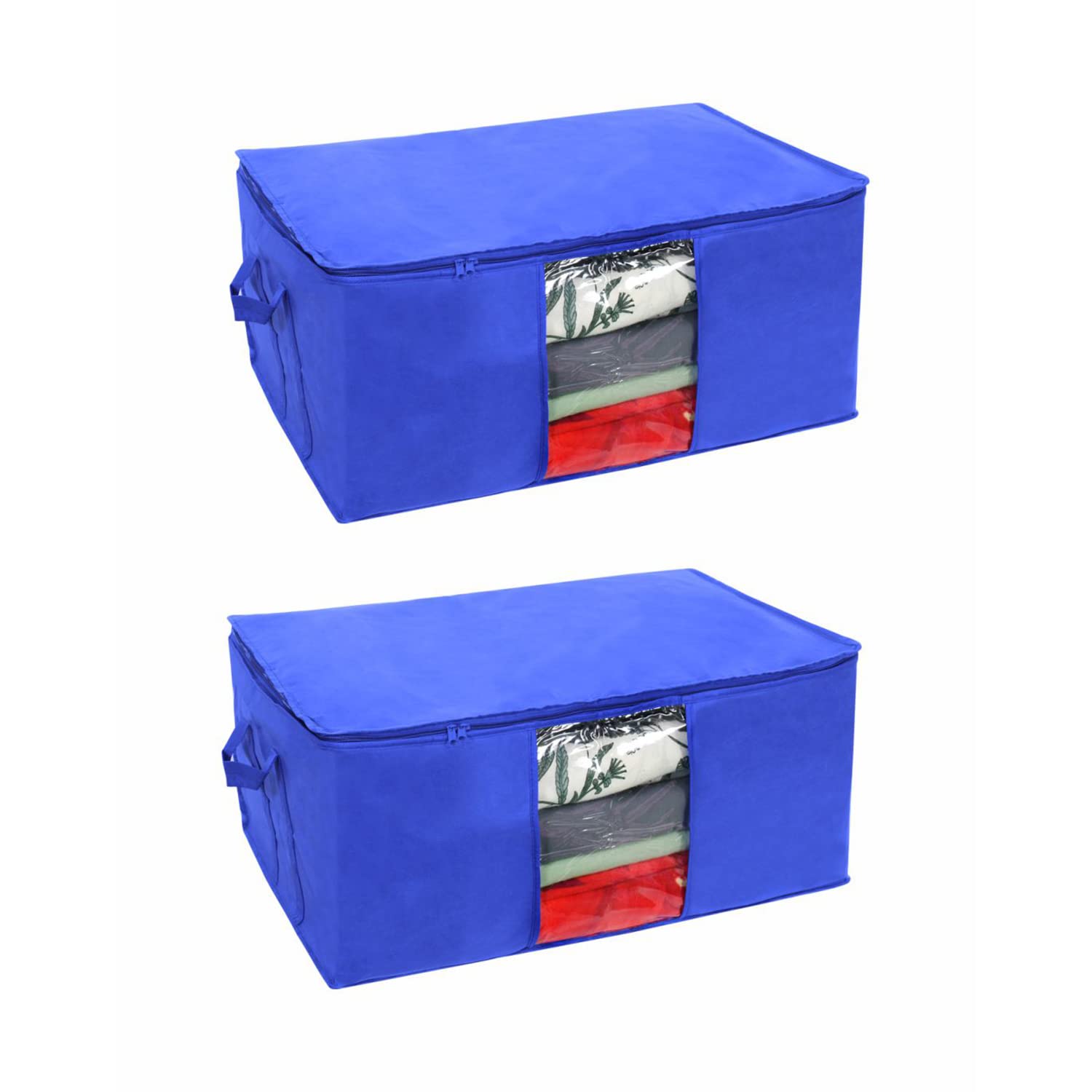Pretty Krafts Set Of 2 Non Woven Underbed Storage Bag With Handles, Clear Window & Zipper Lock | Quilt, Comforter & Blanket Orga