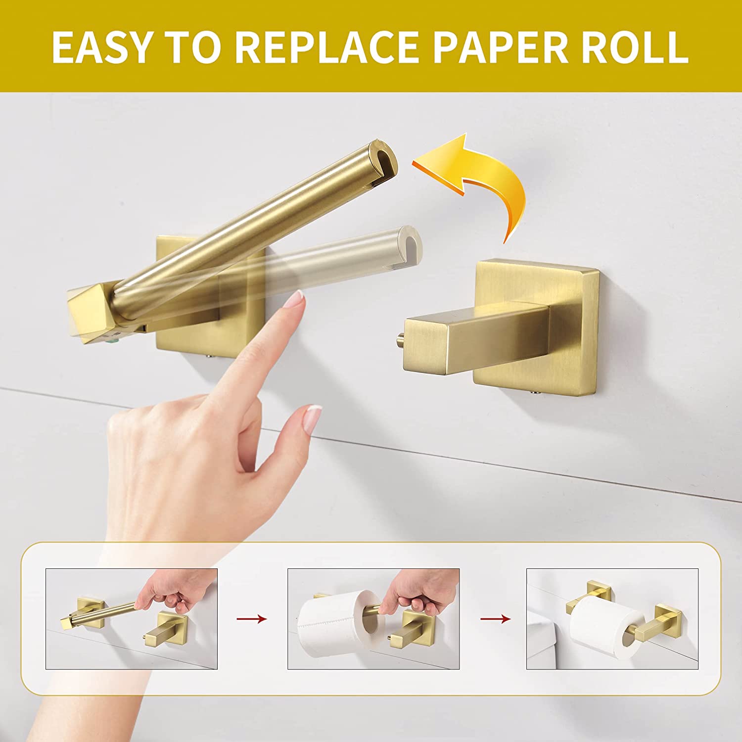 Wolibeer Gold Toilet Paper Holder Hand Towel Holder, Brushed Brass Toilet Roll Holder Towel Ring, Modern Bathroom Hardware Set S