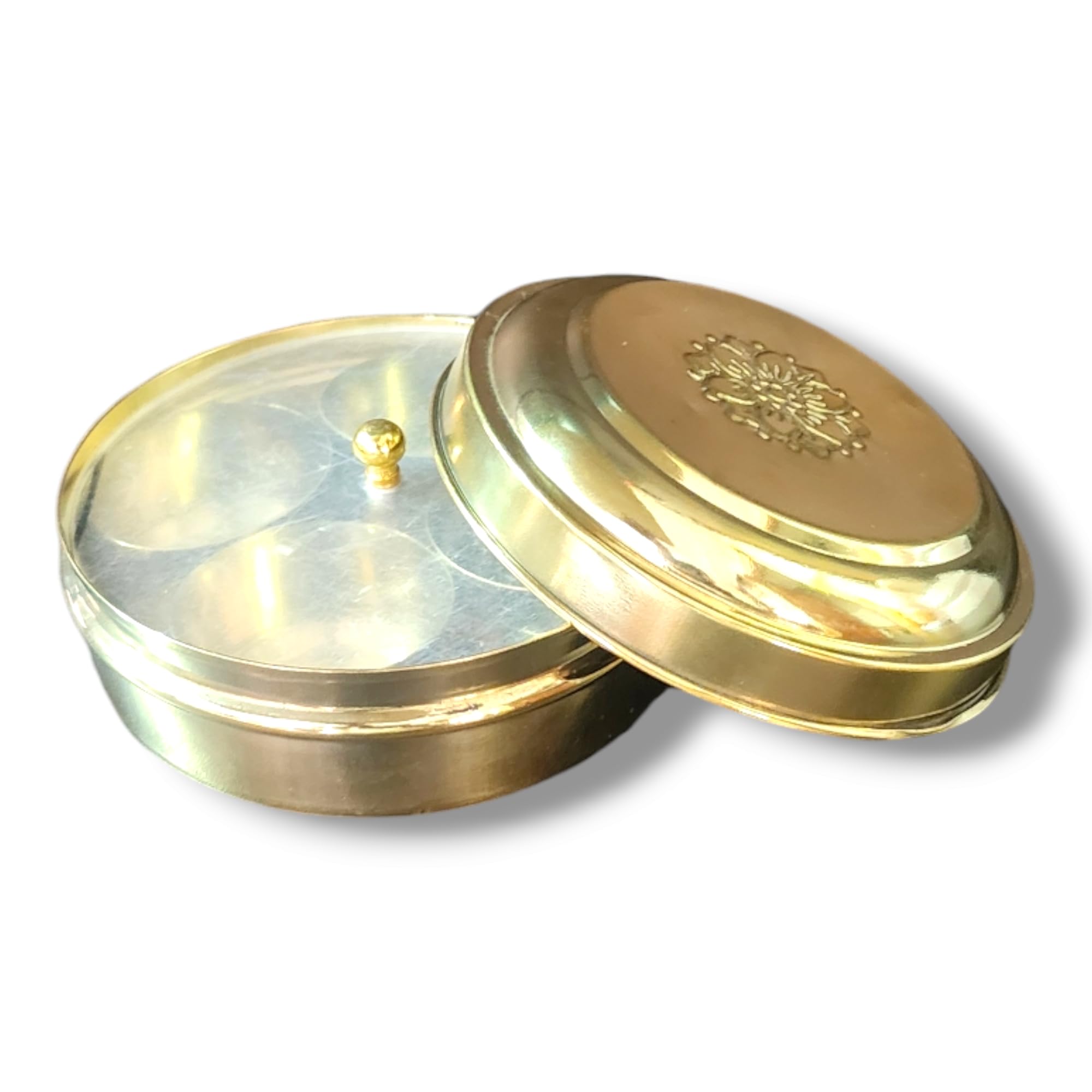 Yrk Elegant Brass Haldi Kumkum Box With 4 Containers 4.5 Inch / 30 Gm Capacity