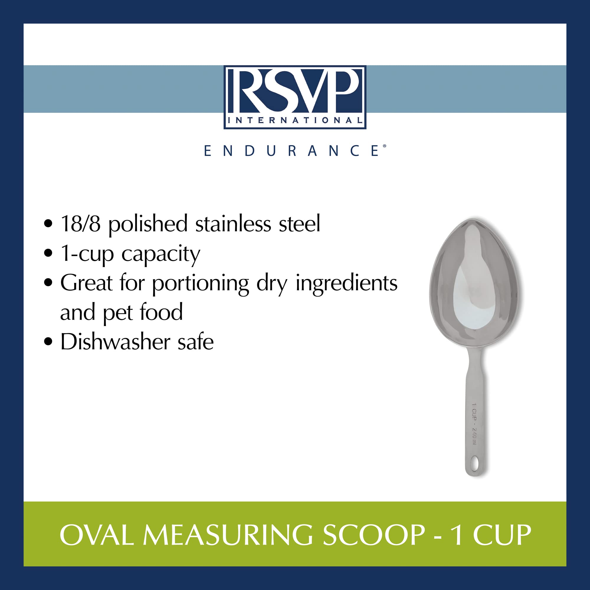 RSVP International Stainless Steel Measuring Scoop, Oval 1-Cup, Durable and Stylish Kitchen Tool, Model 8071