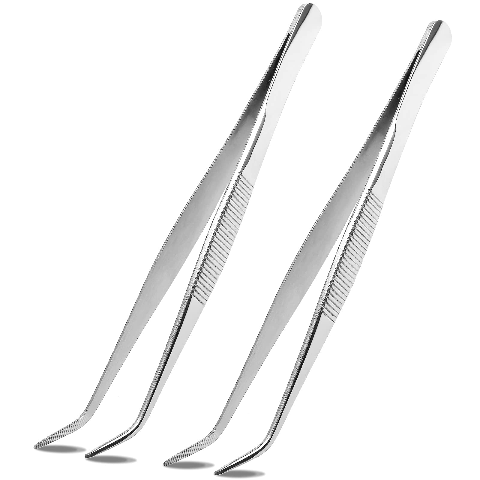 Suiwotin 2Pcs 8 Inch Stainless Steel Tweezers With Curved Serrated Tip Heavy Duty Tweezer Tongs For Cooking Crafting Repairing