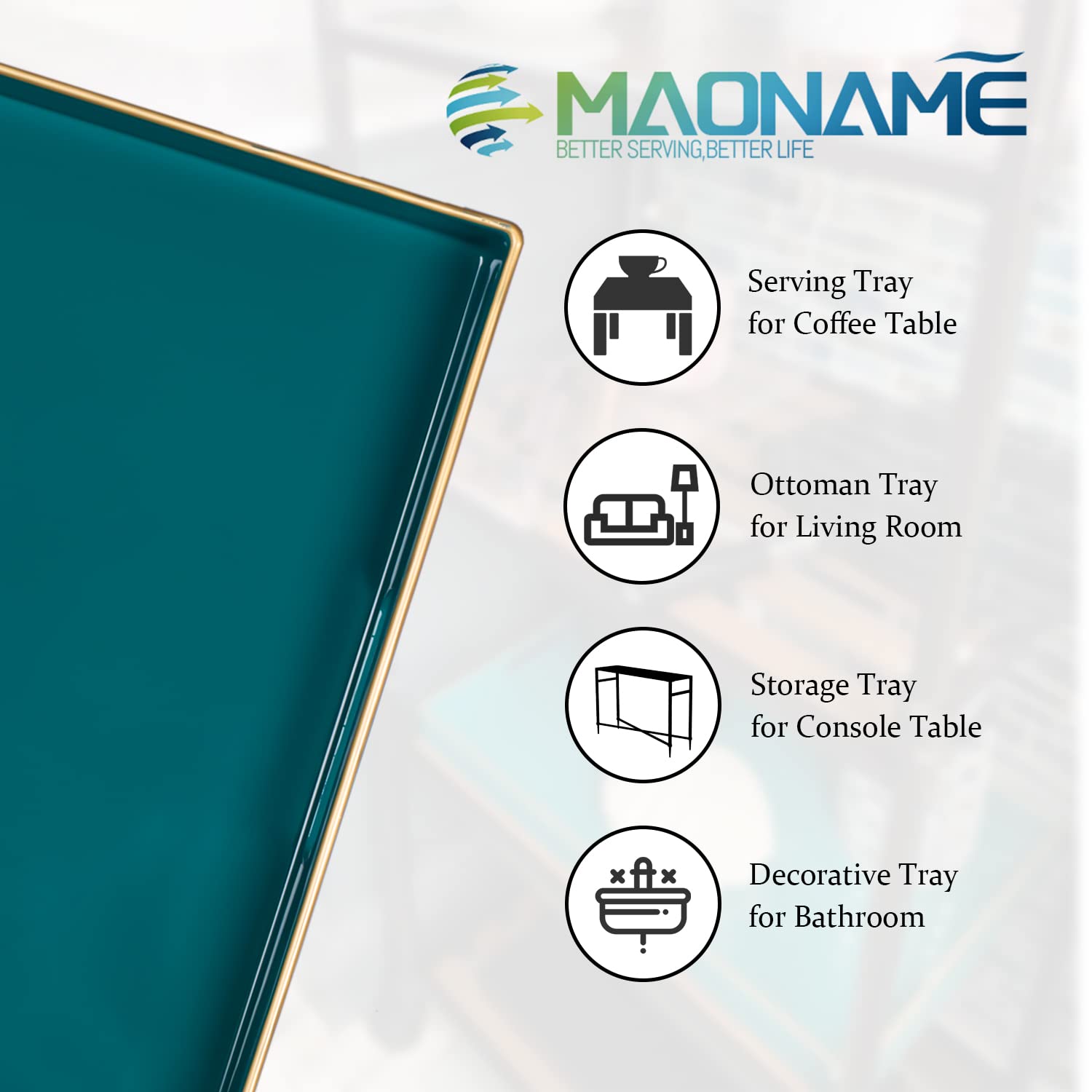 MAONAME Decorative Tray  Green Serving Tray with Handles  Coffee Table Tray  Square Plastic Tray for Ottoman  Bathroom  Kitchen  13''x13''x1.57''