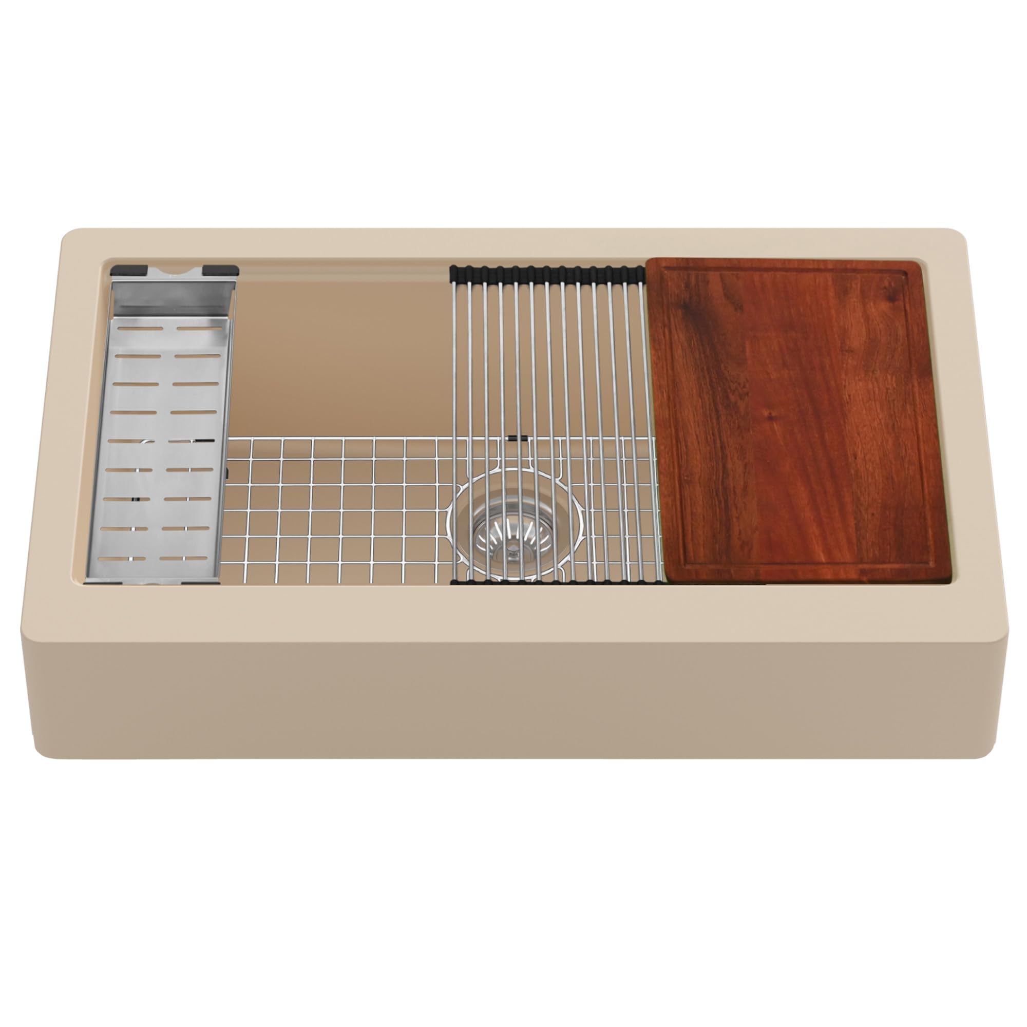 Karran 34 Retrofit Undermount Large Single Bowl Quartz Farmhouse Workstation Kitchen Sink in Bisque