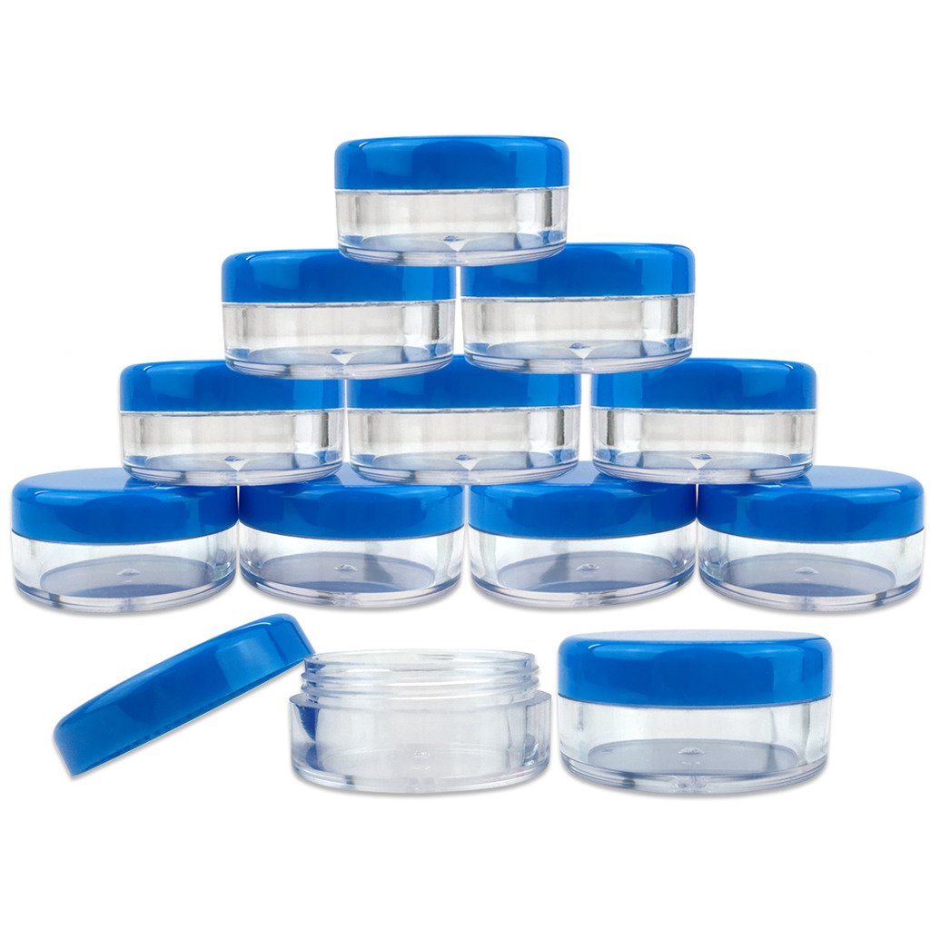 Beauticom (Quantity: 200 Pieces) 5G/5Ml Round Clear Jars With Blue Lids For Scrubs, Oils, Toner, Salves, Creams, Lotions, Makeup