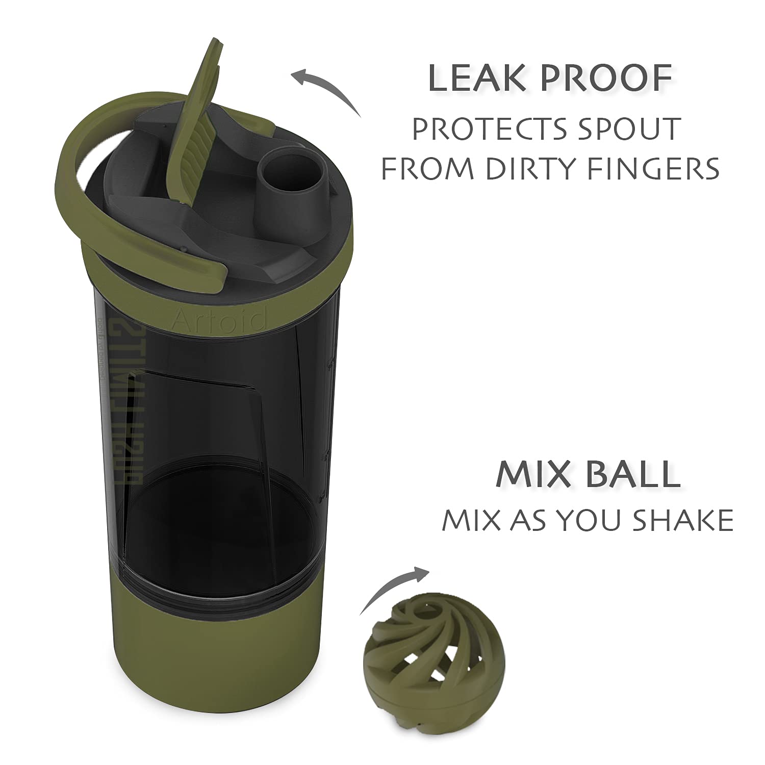 Artoid Sports Protein Shaker Bottle, 24-Ounce, Dual Mixing Technology, Bpa Free, Black/Moss Green