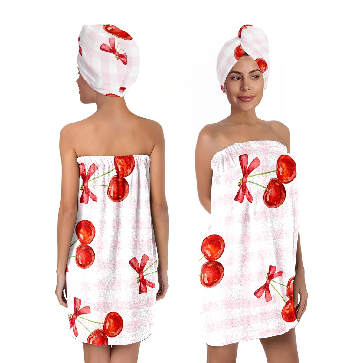 Cherry Bath Wrap With Hair Drying Turban, Pink Plaid Microfiber Shower Skirt Set, Quick Dry Spa Wrap Towel For Women Girls Dorm 