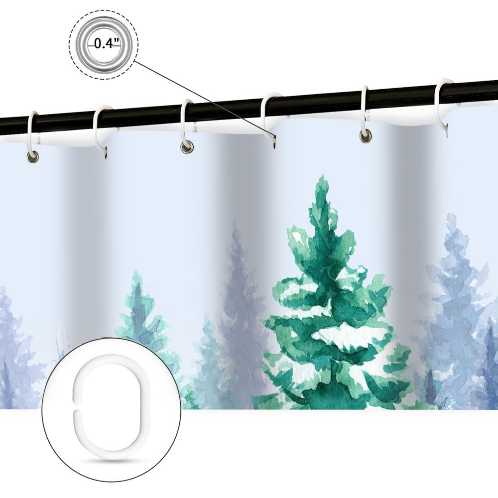 Wathon Rustic Snow Forest Shower Curtain, Snowy Teal Green Countryside Landscape Bathroom Curtain Christmas Pine Tree, Winter Na