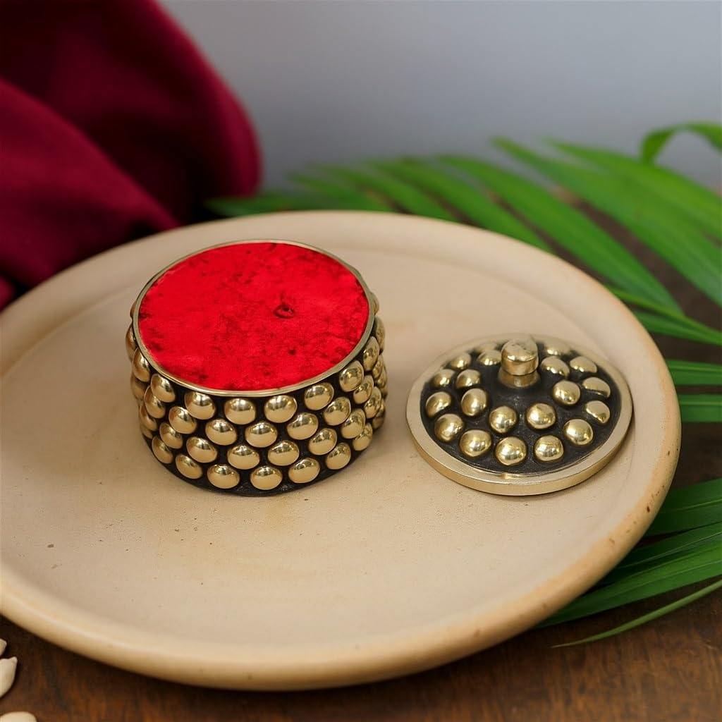 KULIA Sindoor Small Box Brass Round Shape Jewellery Trinket Decorative Box Hindu Pooja Set Kumkum Small Box with Free Sindur Pow