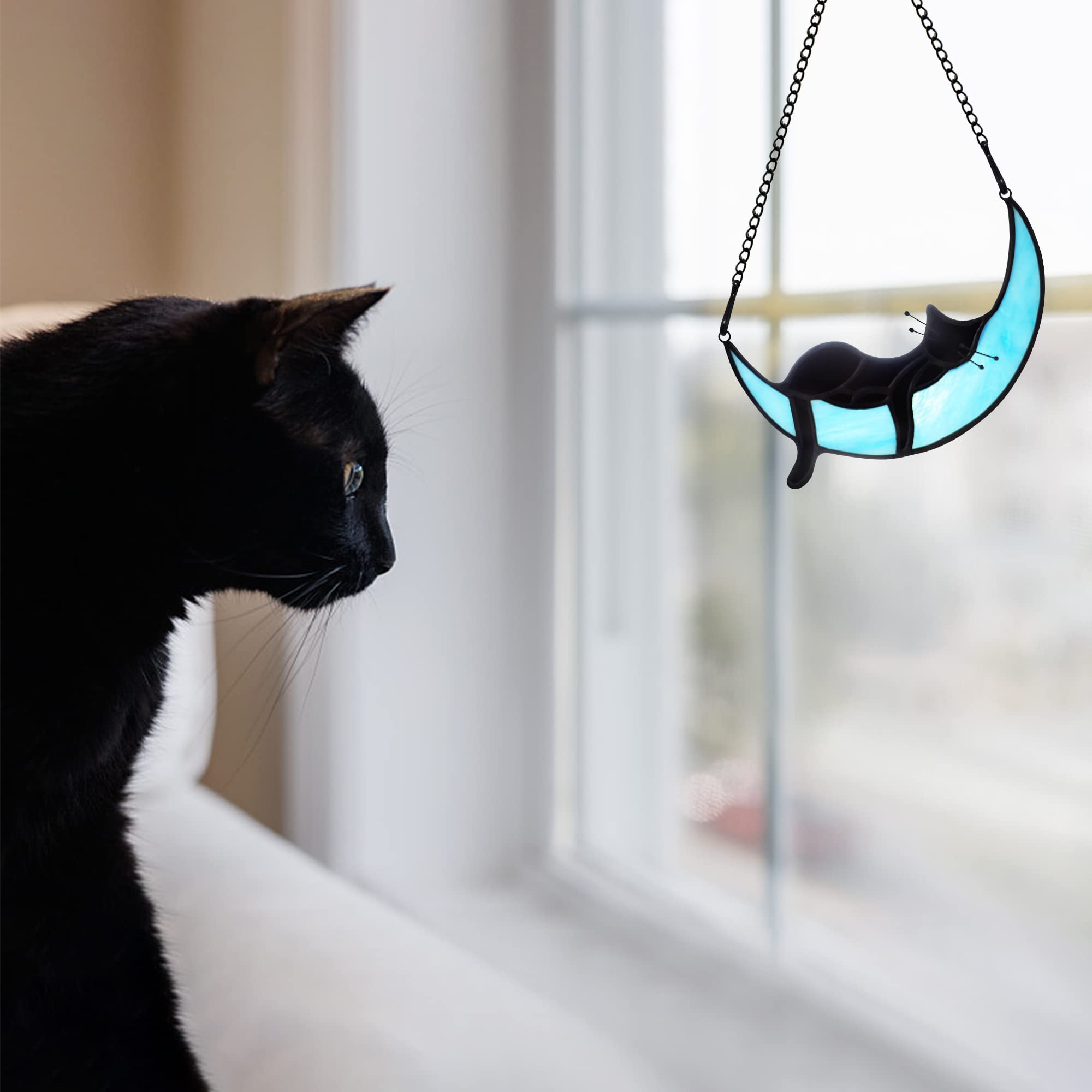 BOXCASA Black Cat on Moon Stained Glass Witchy Gifts for Women - Indoor Suncatchers for Windows Hanging,Christmas for Cat Lovers