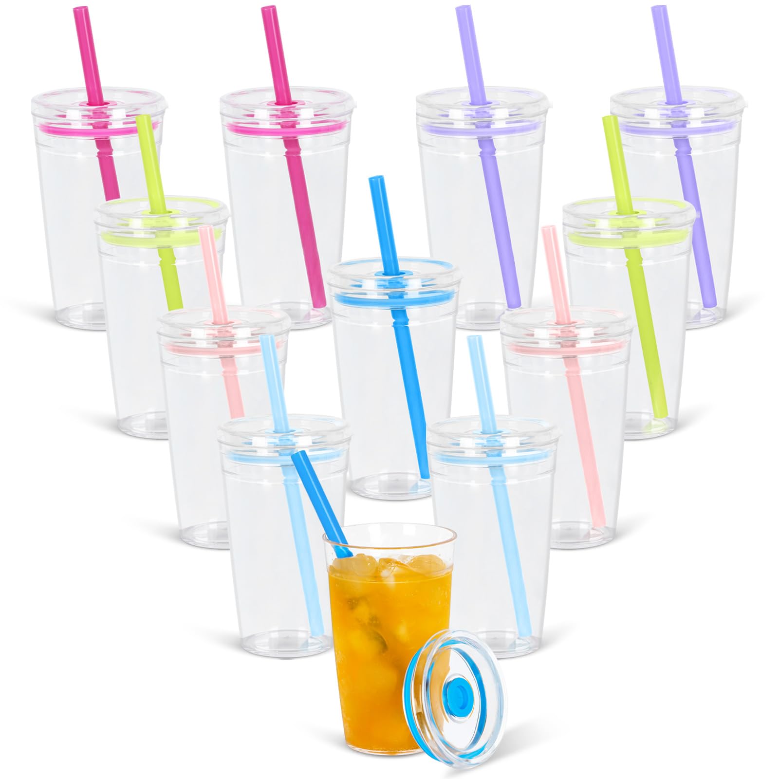 oaptuza 12 Pack 16Oz Acrylic Tumbler with Straw and Lid, Reusable Iced coffee Tumbler Cup, BPAFree Clear Plastic Straw Cup for 