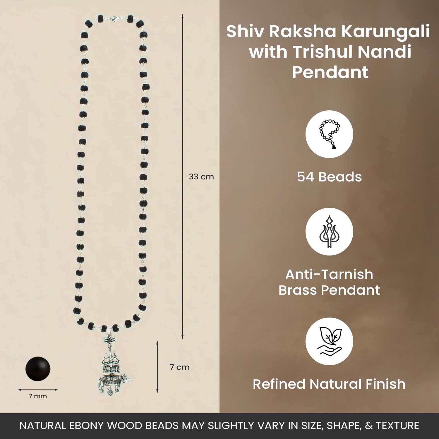7Mm Silver Capped Karungali Mala With Shiv Third Eye Trishul Damru With Nandi Brass Pendant