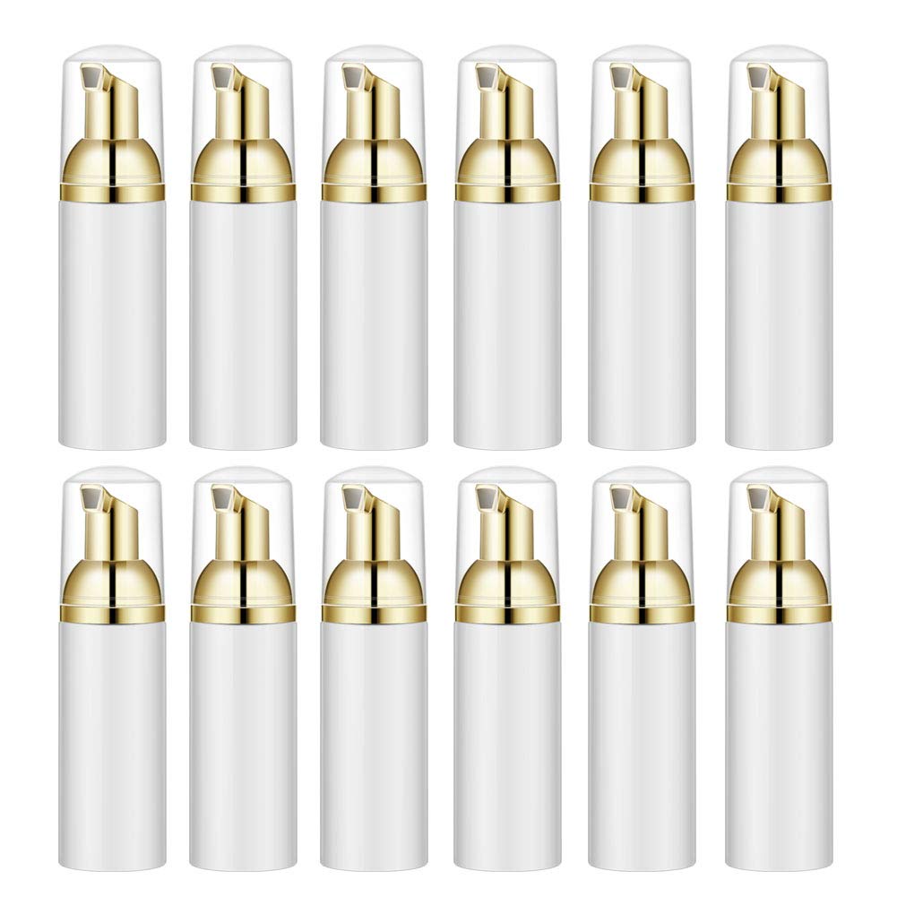 Lil Ray 2 Oz Empty White Foam Pump Bottle, Foamer Soap Dispenser For Lash Shampoo, Hand Soap, Foaming Cleaner(Gold Pump, 12 Pcs)