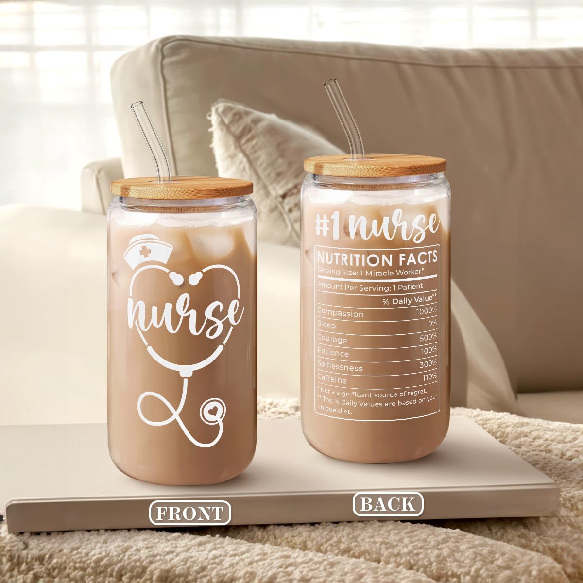 SANDJEST Nurse Glass Can, Nutrition Facts Cup with Lid & Straw, Iced Coffee Aesthetic Cups, Idea Gift for Christmas Birthday Nur