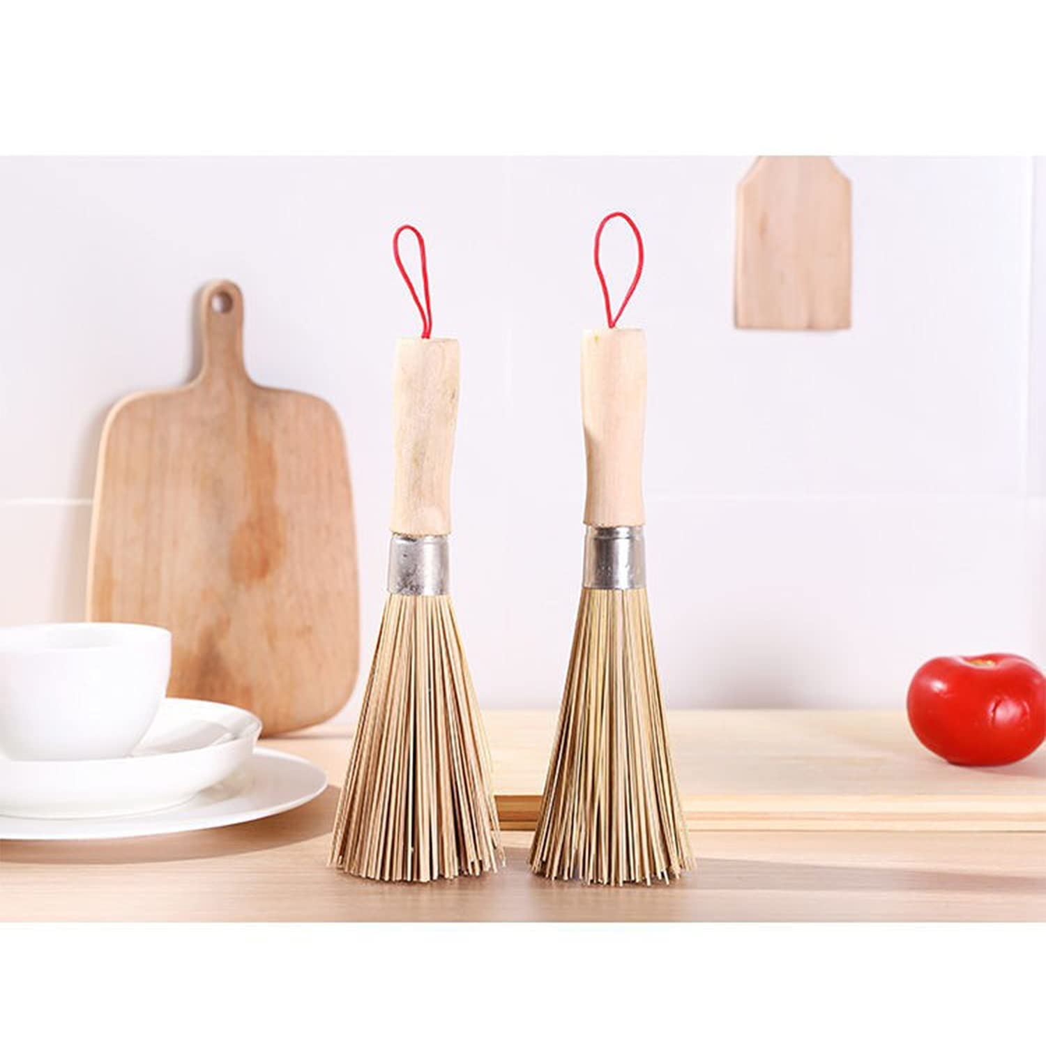 2Pack Traditional Natural Bamboo Wok Brushes , Kitchen Cleaning Brush, Bamboo Kitchen Pan Brush, For Cleaning Dishes, Cast Iron