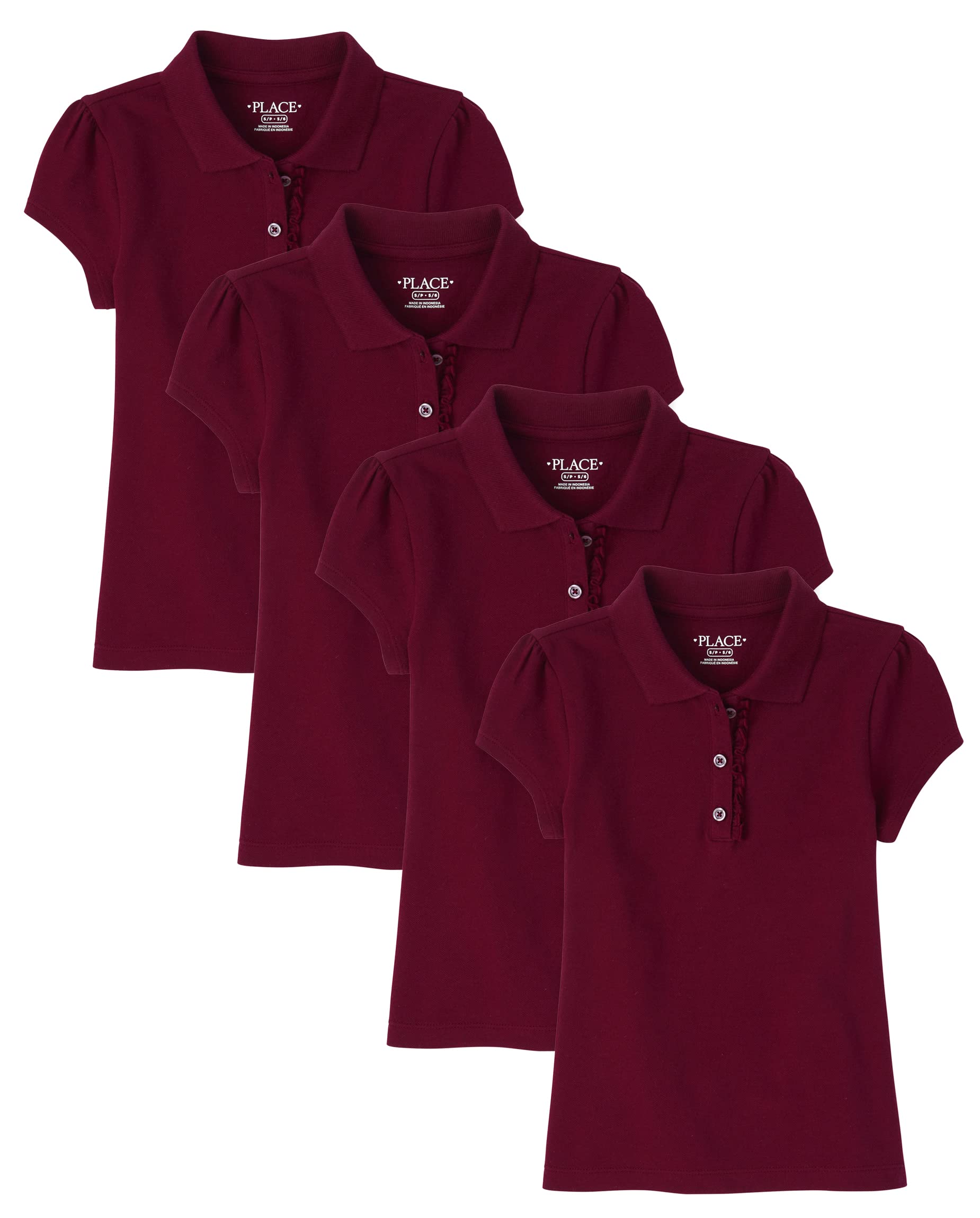 The Childrens Place Girls Short Sleeve Ruffle Pique Polo,Rubine 4 Pack,S (56)