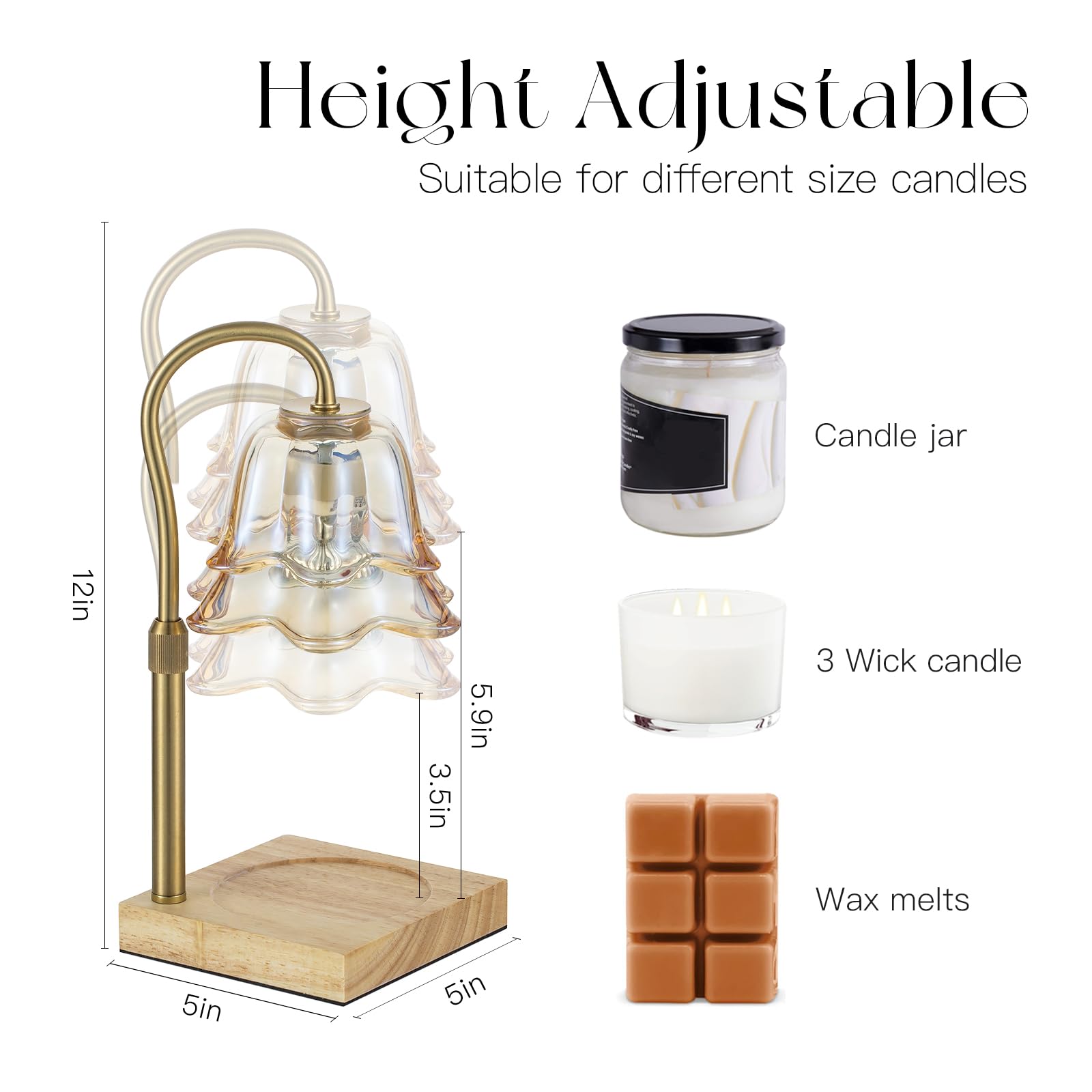 Candeldo Candle Warmer Lamp with Timer: Small Gold Flower Candle Warming Lamp with 2 Bulbs Height Adjustable Wax Warmer Dimmable