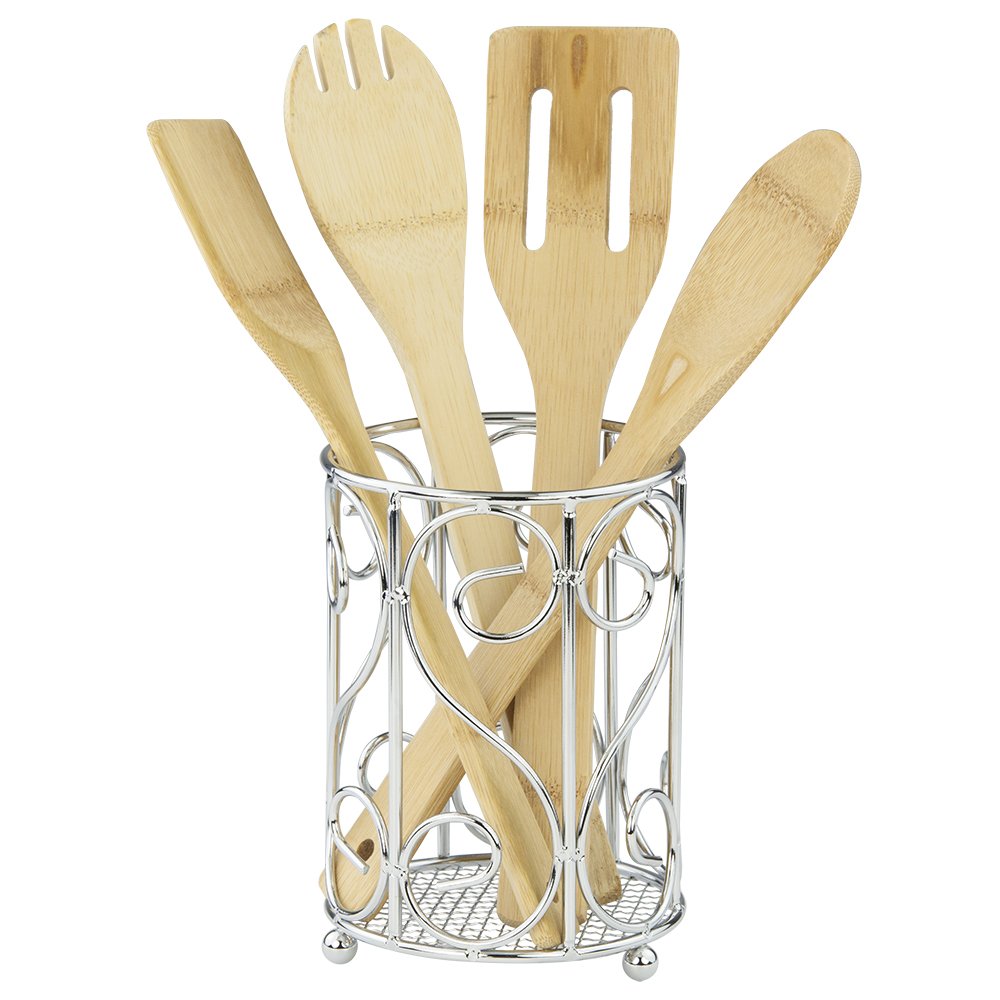 Home Basics Scroll Collection, Chrome Cutlery Holder, 4.62 x 4.62 x 6.50