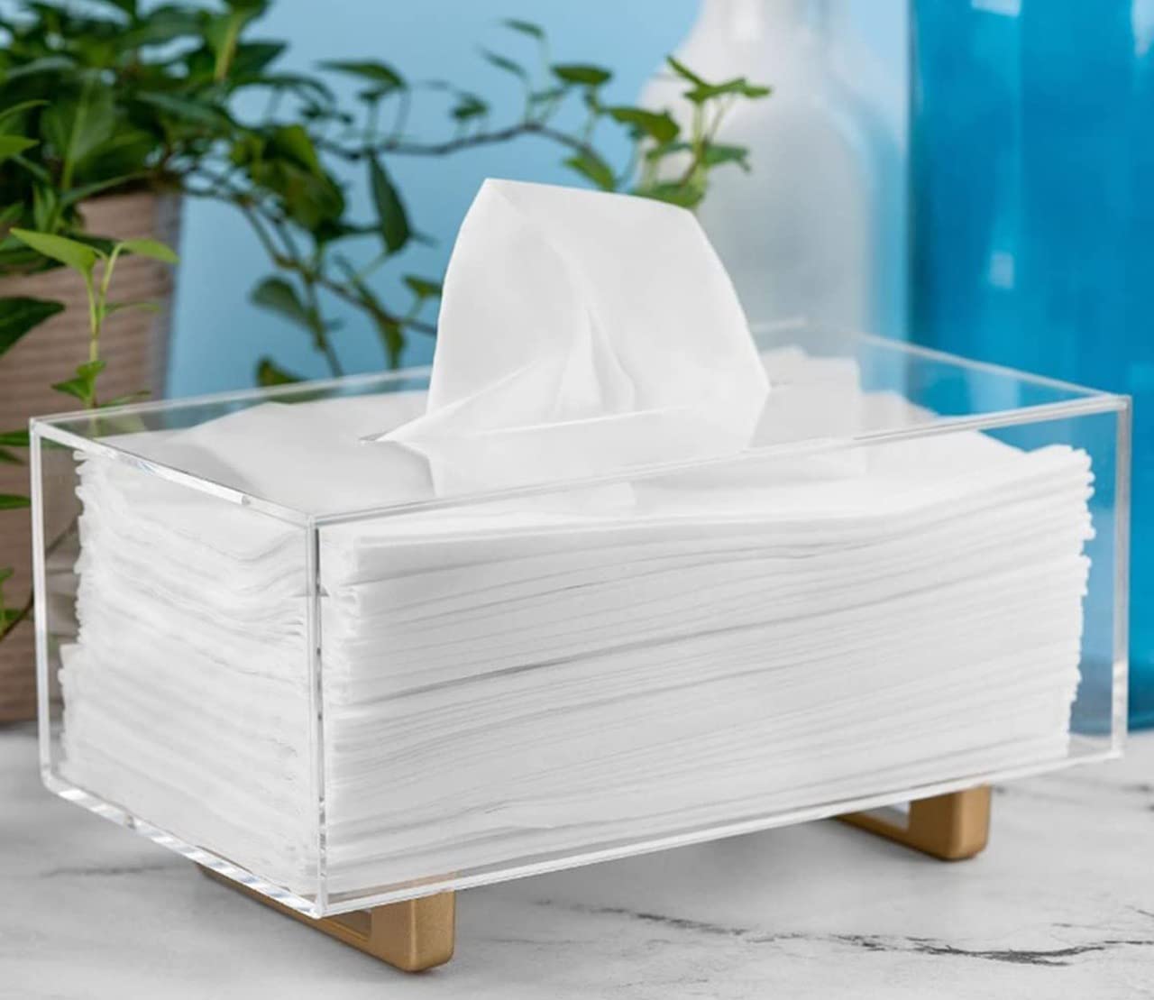 Yoba Thick Acrylic Tissue Box Holder Rectangular Clear Tissue Box Dispenser With Gold Plated Aluminum Legs For Bathroom, Kitchen