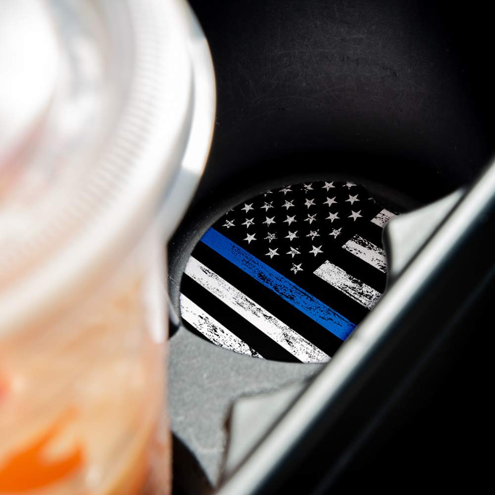 Thin Blue Line  Car Coasters for drinks Set of 2  Perfect Car Accessories with absorbent coasters. Car Coaster measures 2.56 inches with rubber backing.