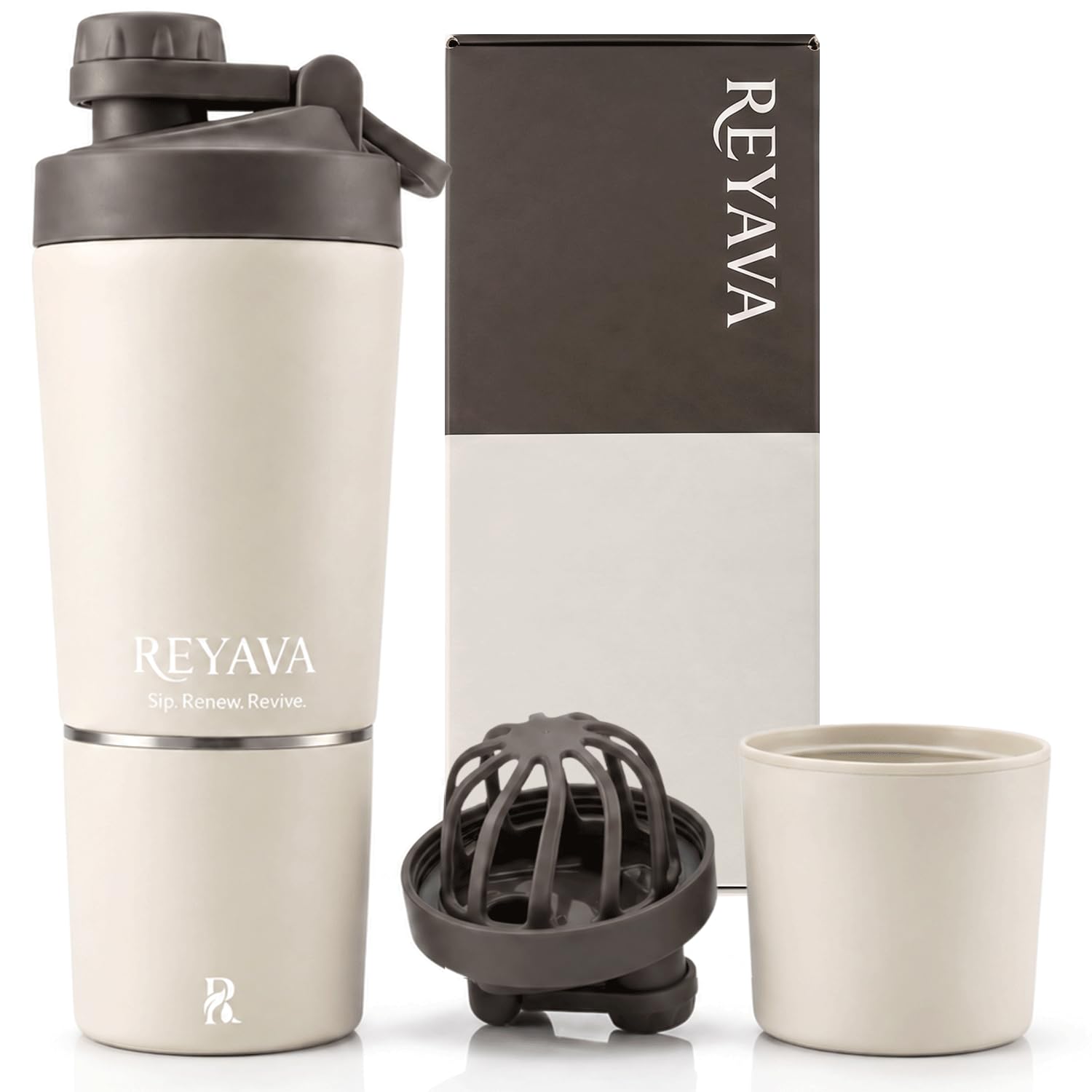 Reyava Insulated Stainless Steel Shaker Bottle, Protein Shaker with Storage Cup & BuiltIn Whisk, 15 oz Bottle + 5 oz Storage