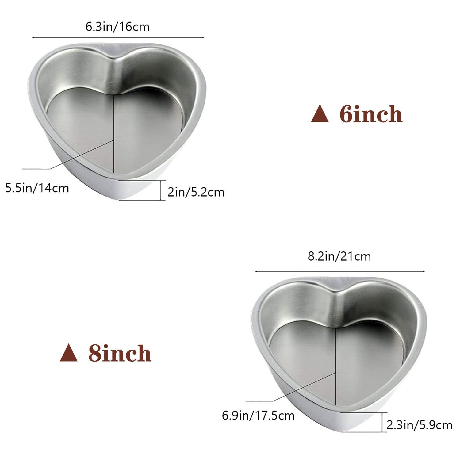 Homomsae Heart Shaped Cake Pans 2Pcs, 8 & 6 Inch Aluminum Deep Springform Cake Pan Set With Removable Bottom Diy Baking Mold Too