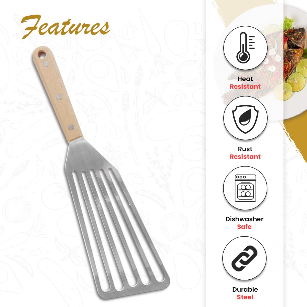 Osprey Wooden Handle Fish Spatula With Stainless Steel Slotted Turner, Wide Thin And Lightweight Fish Turner For Flipping And Tu
