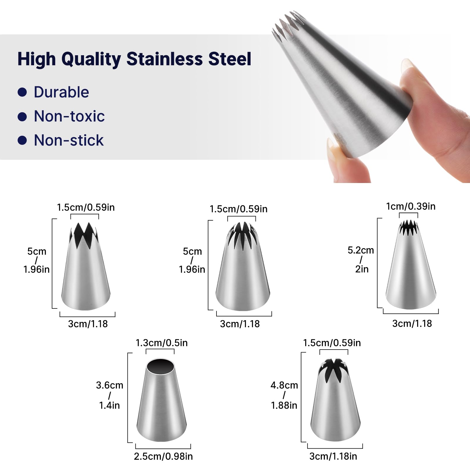Shoxil Large Piping Tips Set, Frosting Piping Kit 5 Different Stainless Steel Piping Tips For Cupcakes Cakes Cookies Decorating