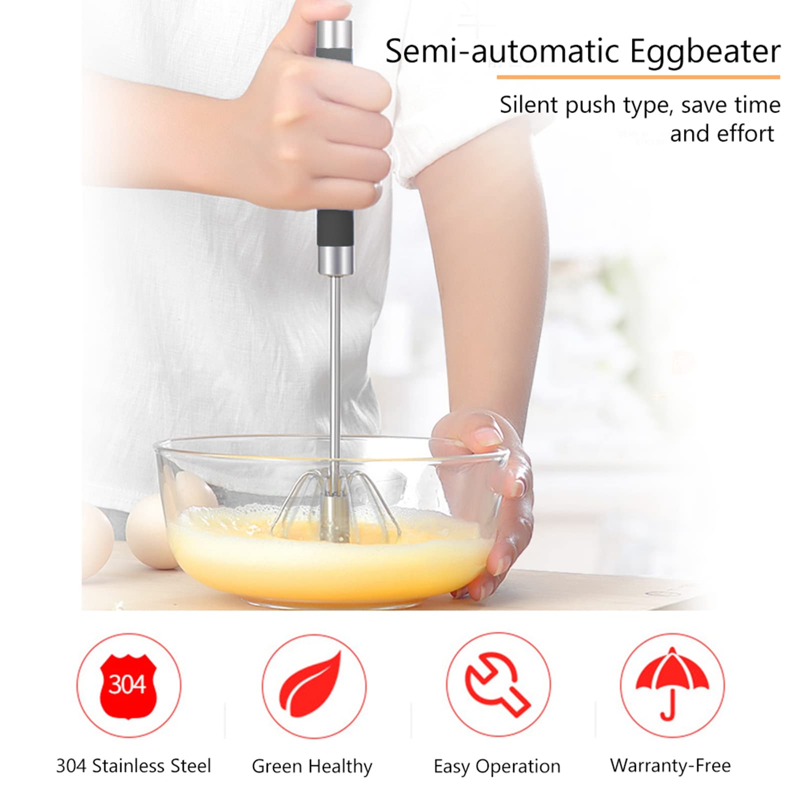 Haosie Push Whisk, 9.45    2.17In Semi Automatic Egg Whisk, Rotatable Push Whisk Egg Beater, Stainless Steel Push Down Whisk, Fo