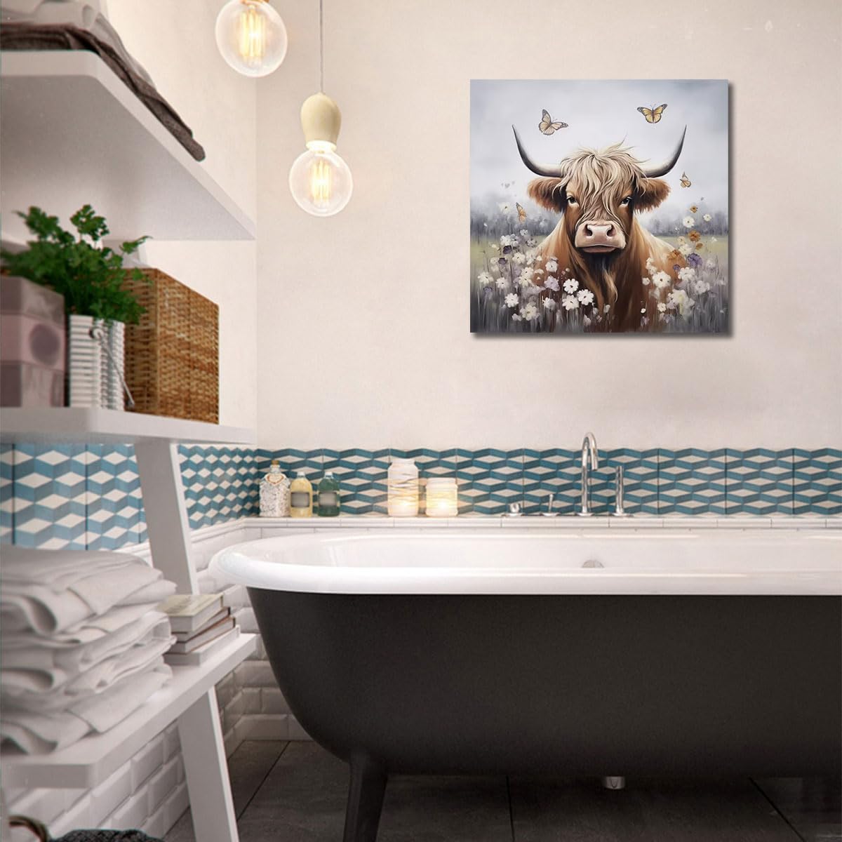 Enartly Bathroom Wall Art Highland Cow Painting Rustic Farmhouse Picture Animal Canvas Print, Nature Flower Landscape Abstract A