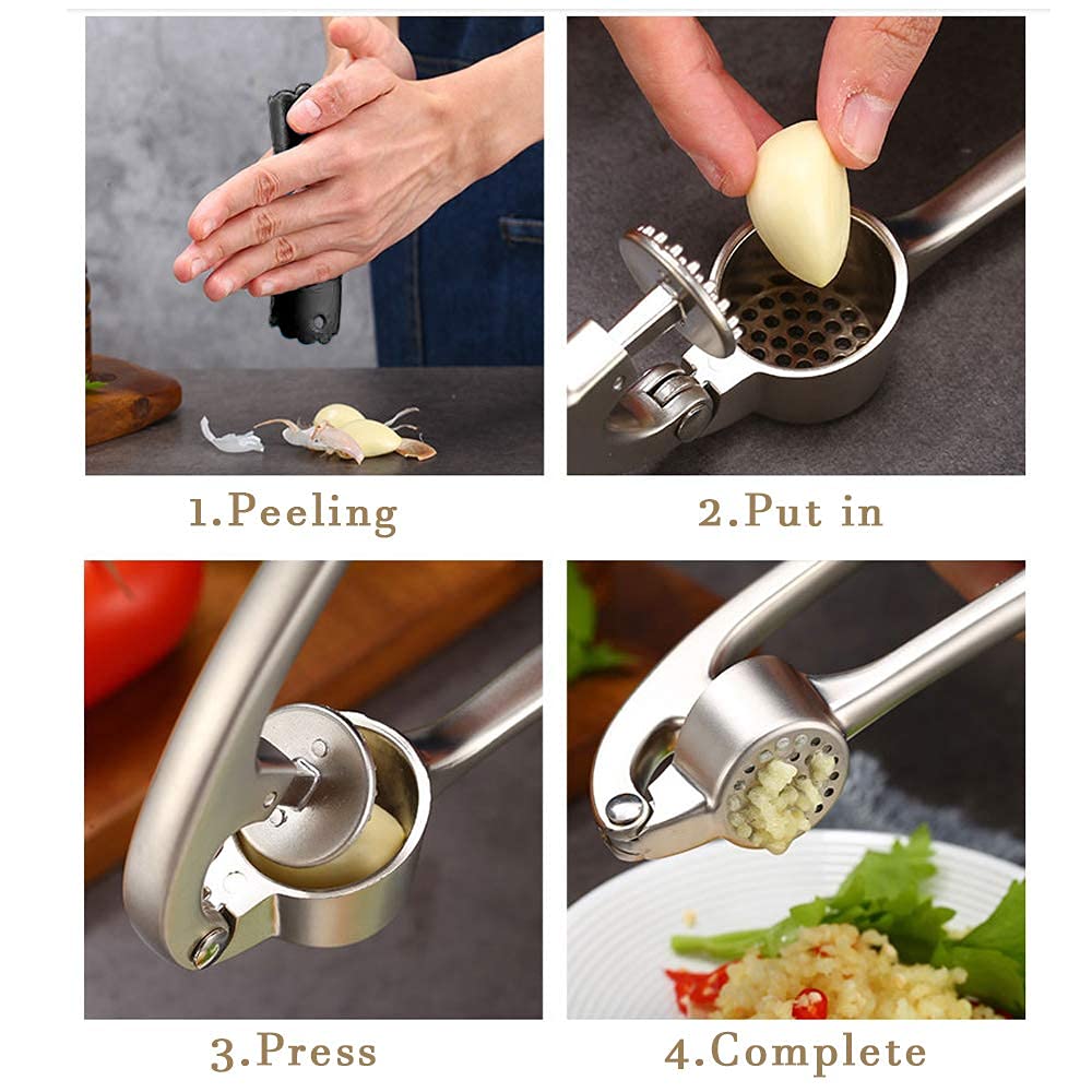 Garlic Press, Stainless Steel Garlic Press Tool With Cleaning Brush And Silicone Garlic Peeler 3 Pcs By Lechay