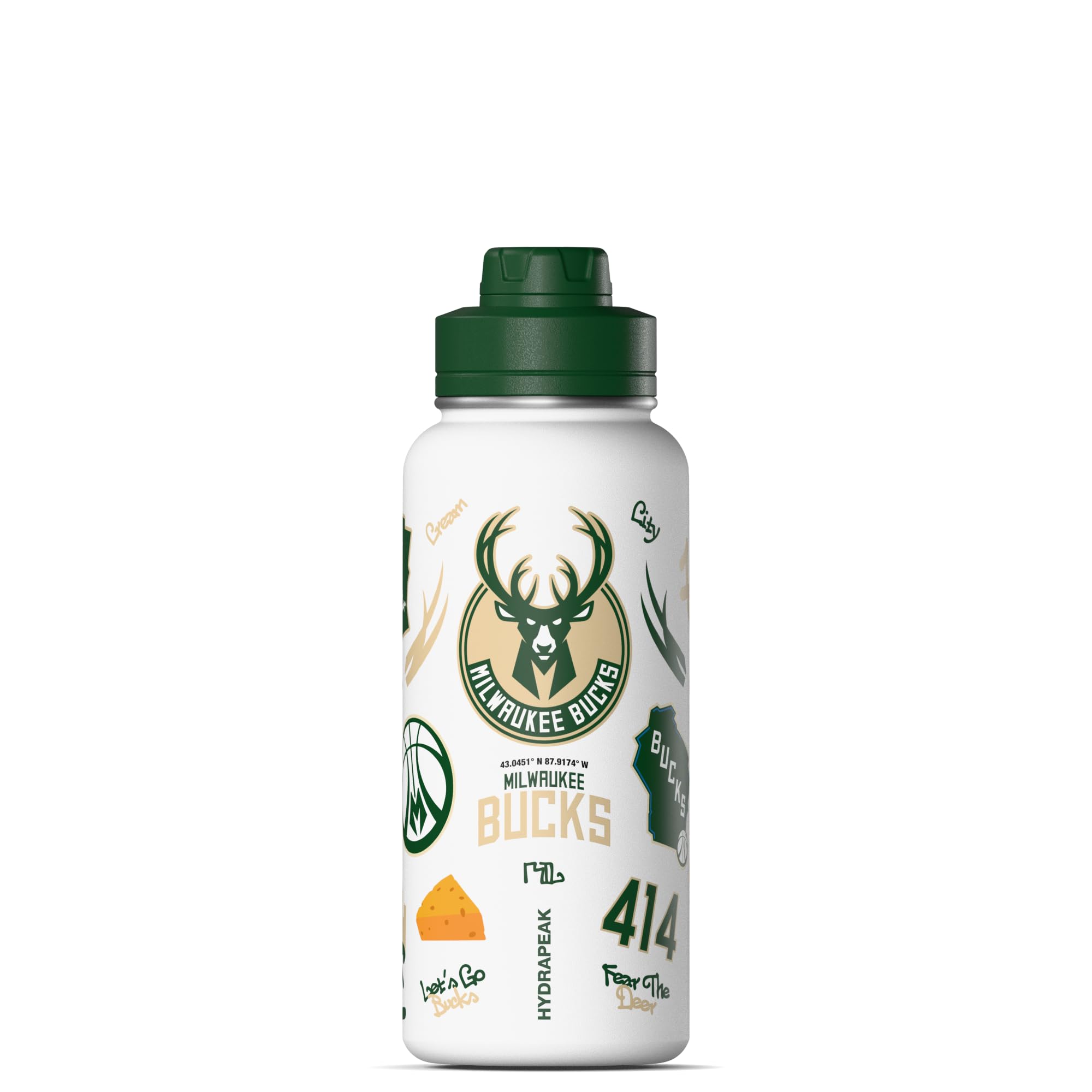 Hydrapeak x NBA Officially Licensed Milwaukee Bucks 32 oz Active Water Bottle with Chug Lid Reusable Stainless Steel Double Wall