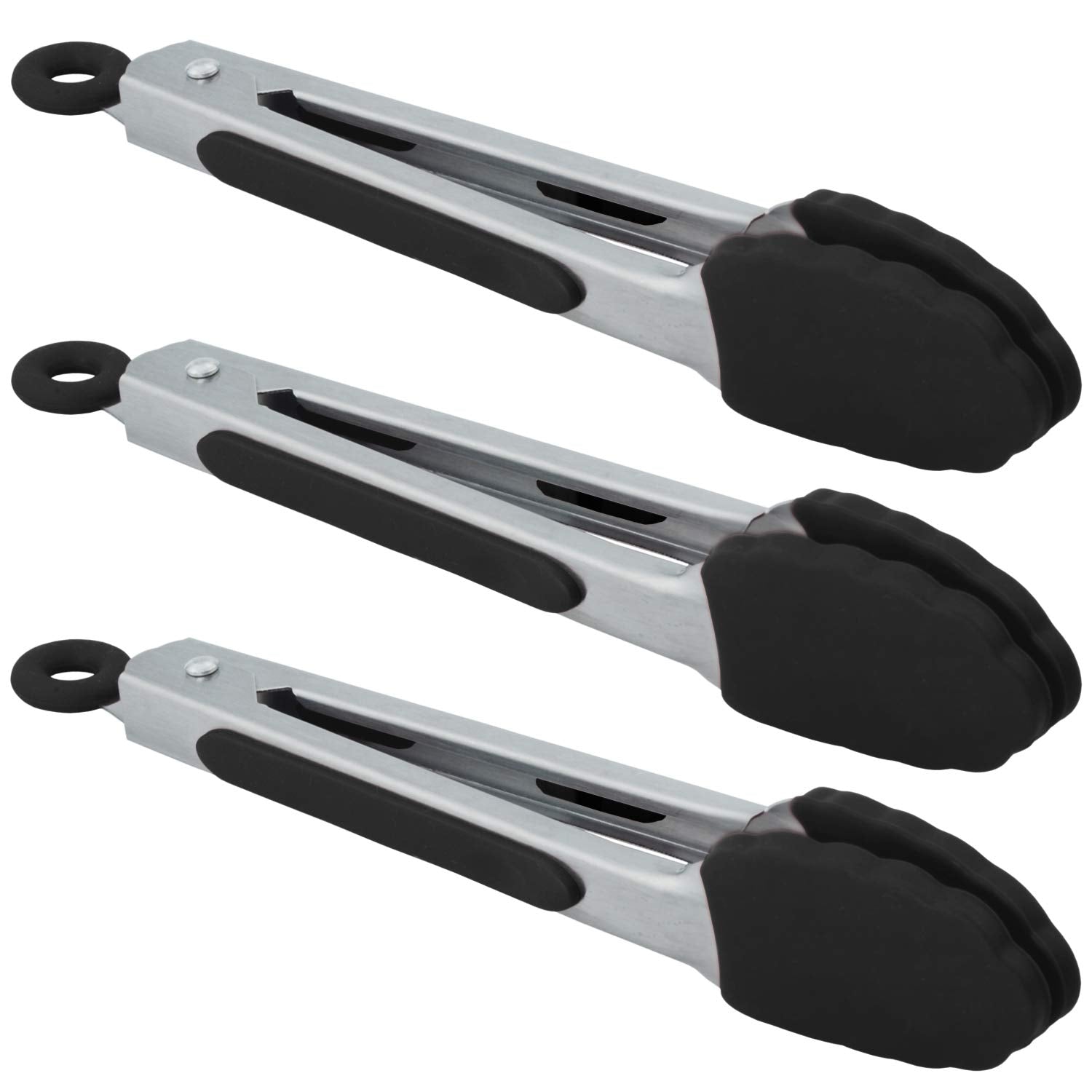 Hinmay Small Serving Tongs With Silicone Tips 7 Inch Mini Stainless Steel Food Tongs, Set Of 3 (Black)