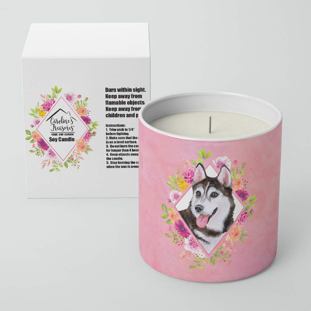 Siberian Husky #1 Pink Flowers 10 oz Decorative Soy Candle CK4151CDL