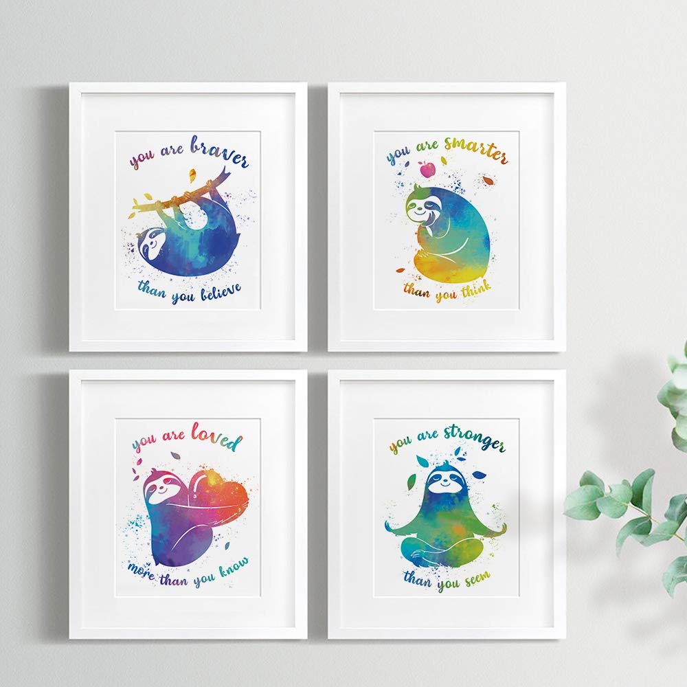 CHIEN-CHI LILI Colorful Sloth Inspirational Words Watercolor Art Print Set of 4 (8X10)  Sloth art Poster for Boys & Girls  Nursery  Kids Bedroom Home Wall Decor  No Frame
