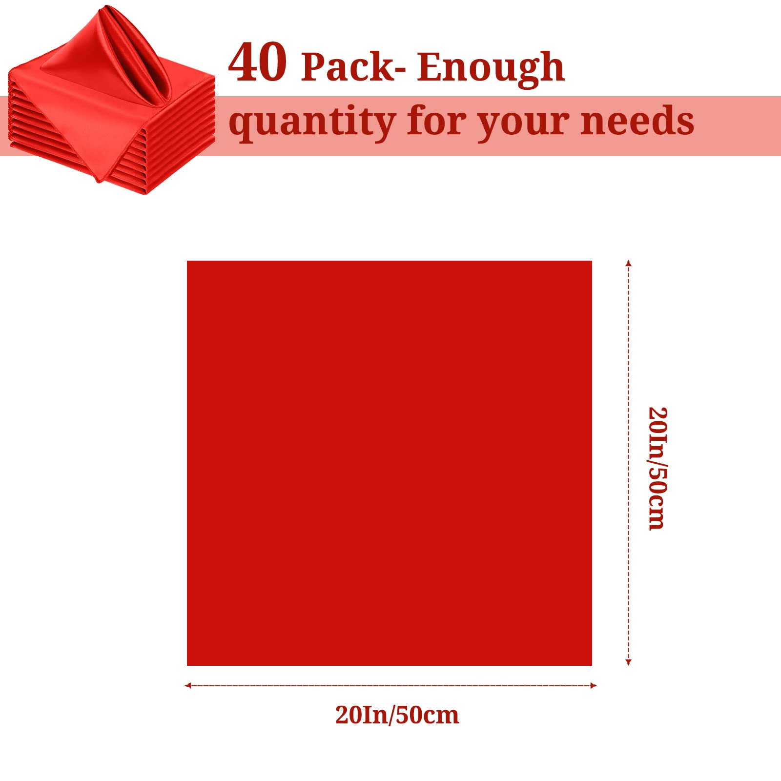 Red Satin Napkins 40 PCS Satin Napkins Cloth Square 20 x 20 Inches Soft Smooth Fabric Table Napkins Washable Dinner Satin Cloth Napkins for Wedding Party Holiday Dinner Decoration (Red)