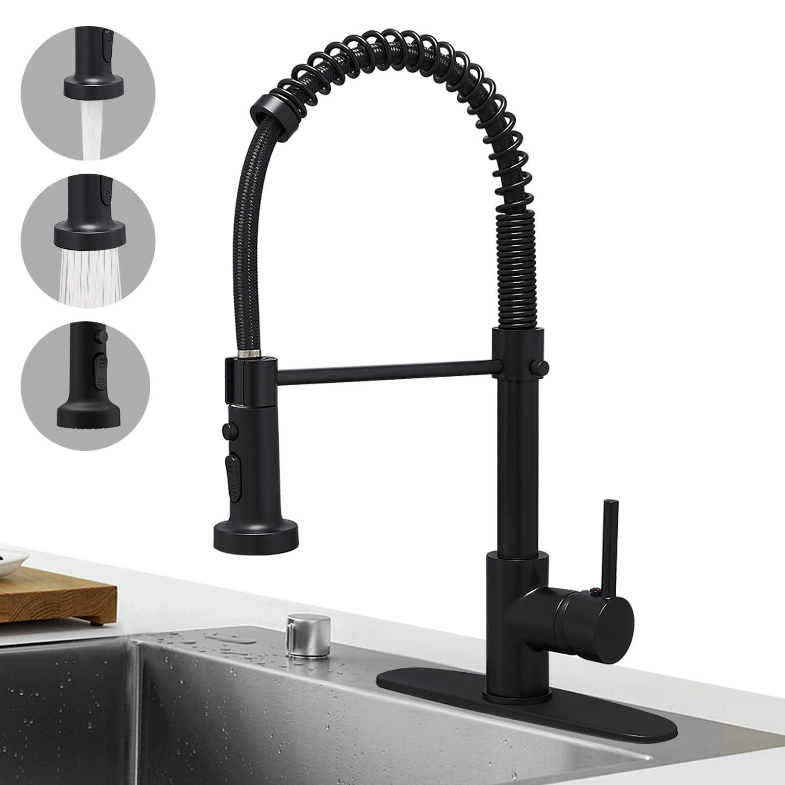 Hoimpro Matte Black Spring Kitchen Faucet with Pull Down Sprayer, Rv Kitchen Sink Faucets with Pull-Down Sprayer, 3 Function Sin