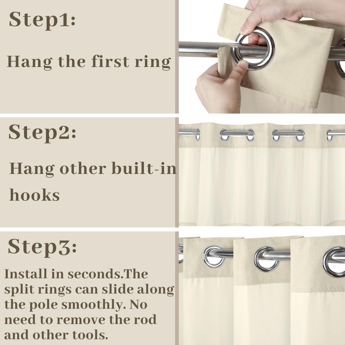 Ecoehoe 71W X86   H Fabric Hook Free Shower Curtain Long With Polyester Magnet Snap-In Liner-Top See Through With Mesh Window Li