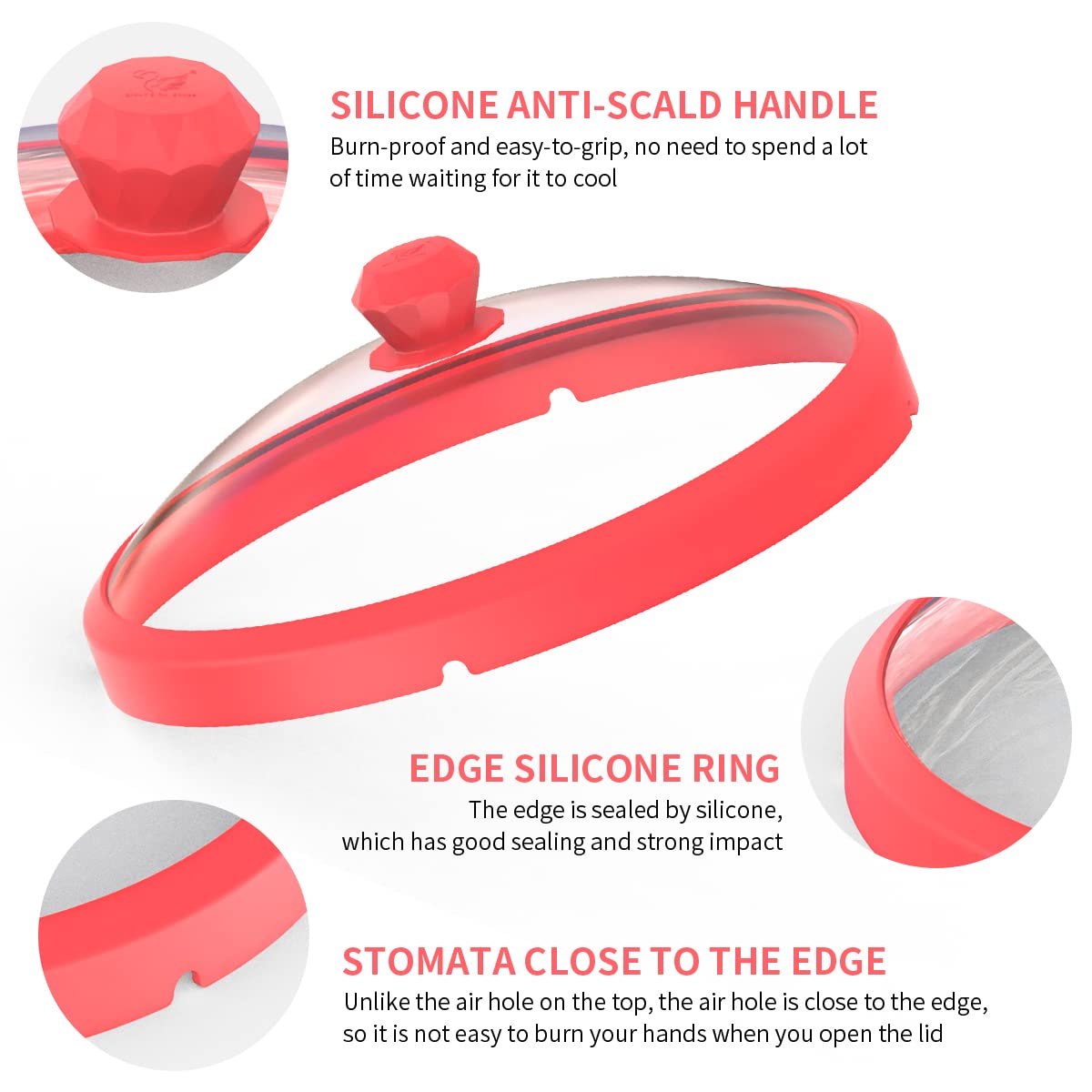 Microwave Glass Cover Splatter Guard Lid With Anti-Scald Silicone Handles And Vented Edge For Food Pot Plate Cover 10.5 Inch Red