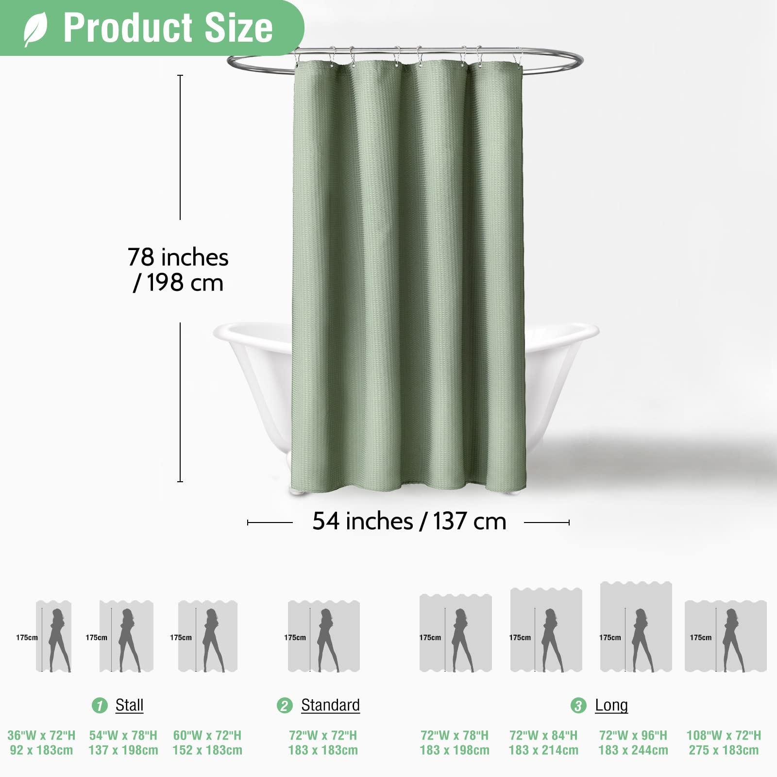 Dynamene Stall Fabric Shower Curtain - 54X78 Inch Long Waffle Weave Weighted Thick Cloth Shower Curtains For Bathroom,Heavy Duty